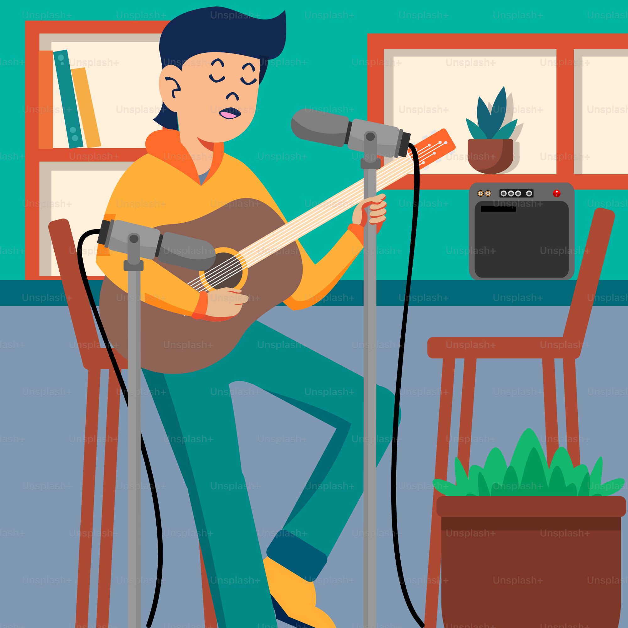 Un hombre tocando la guitarra frente a un micrófono