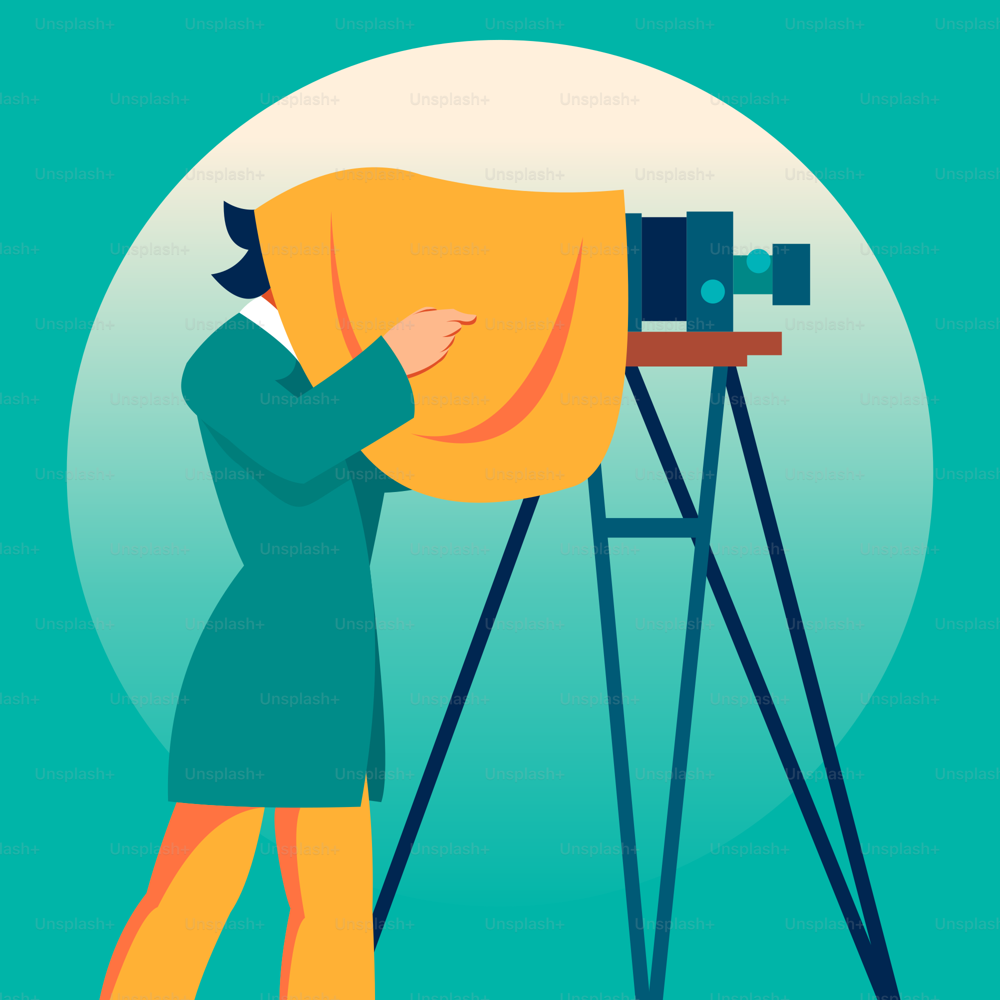 A woman taking a picture with a camera on a tripod