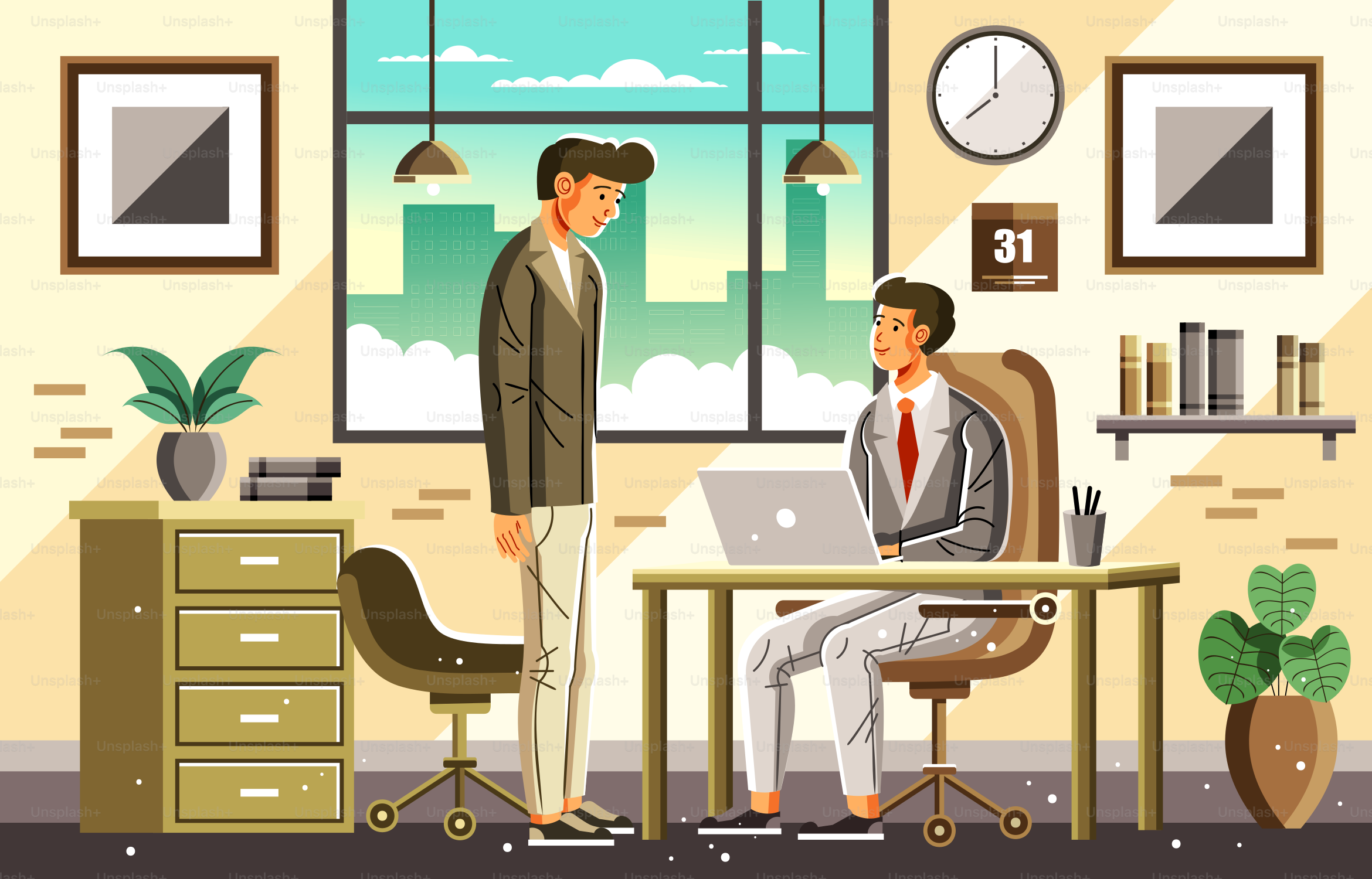 A couple of people that are standing in front of a desk