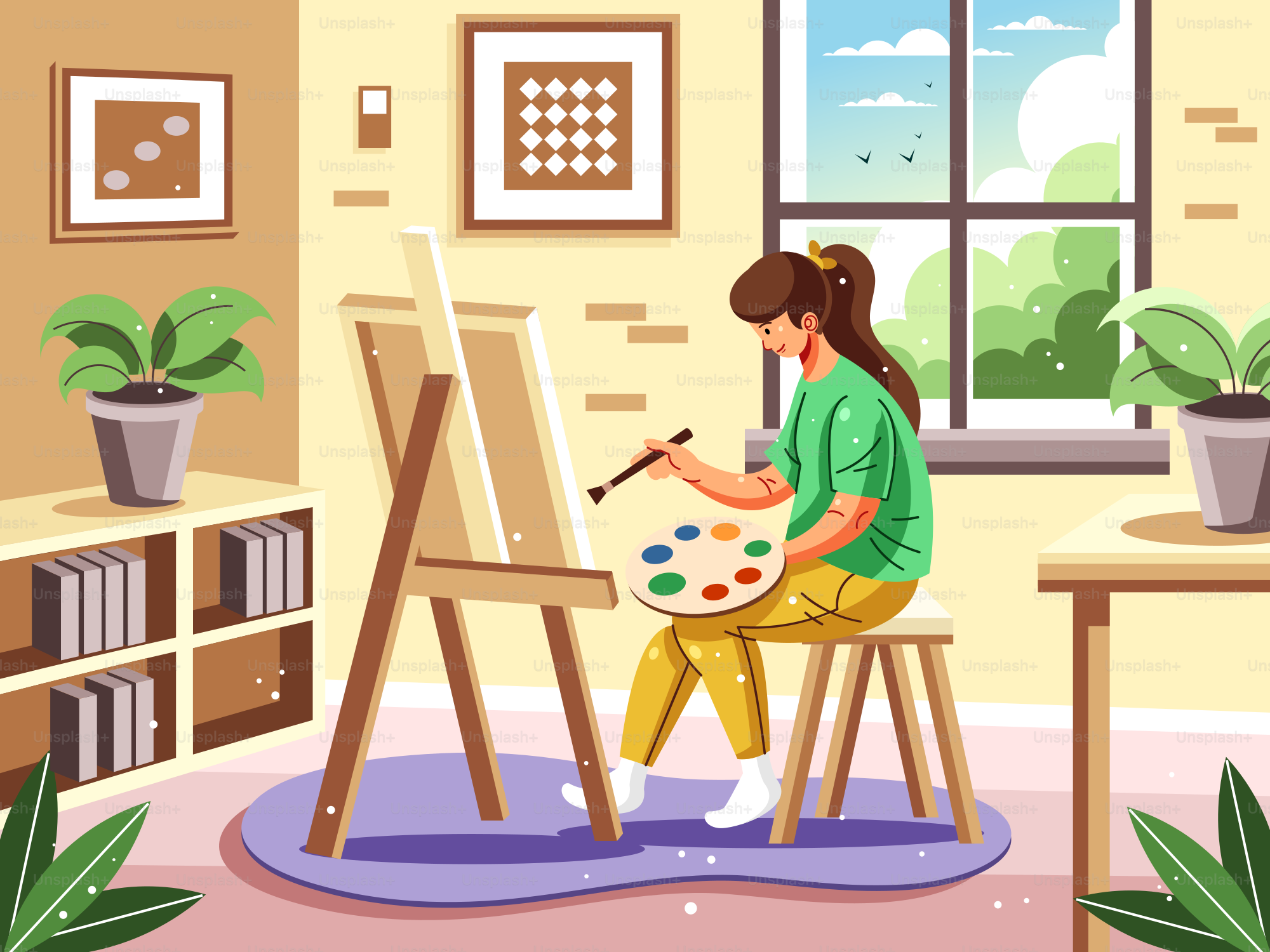 A woman sitting at a easel painting a picture