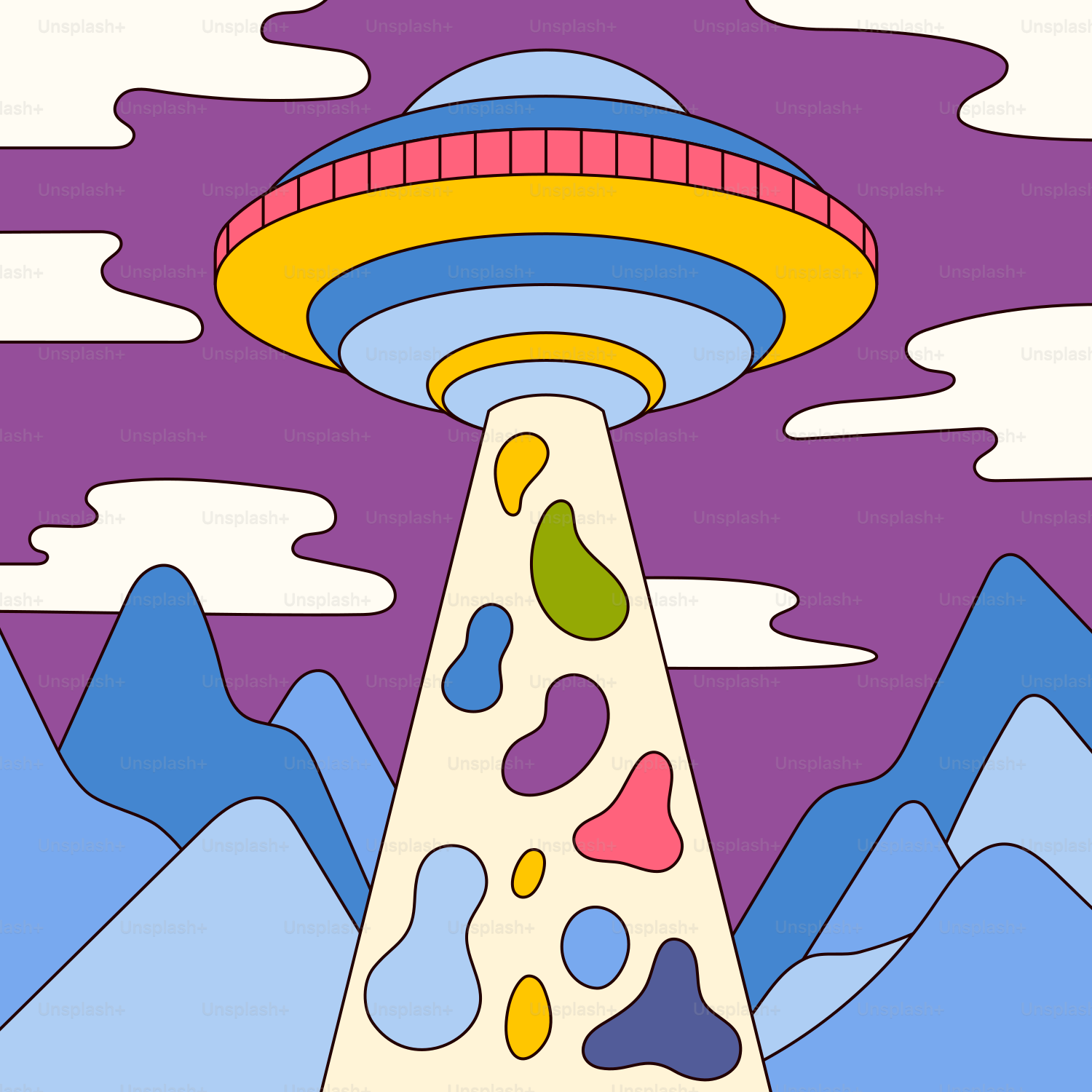 A drawing of a space ship flying over mountains
