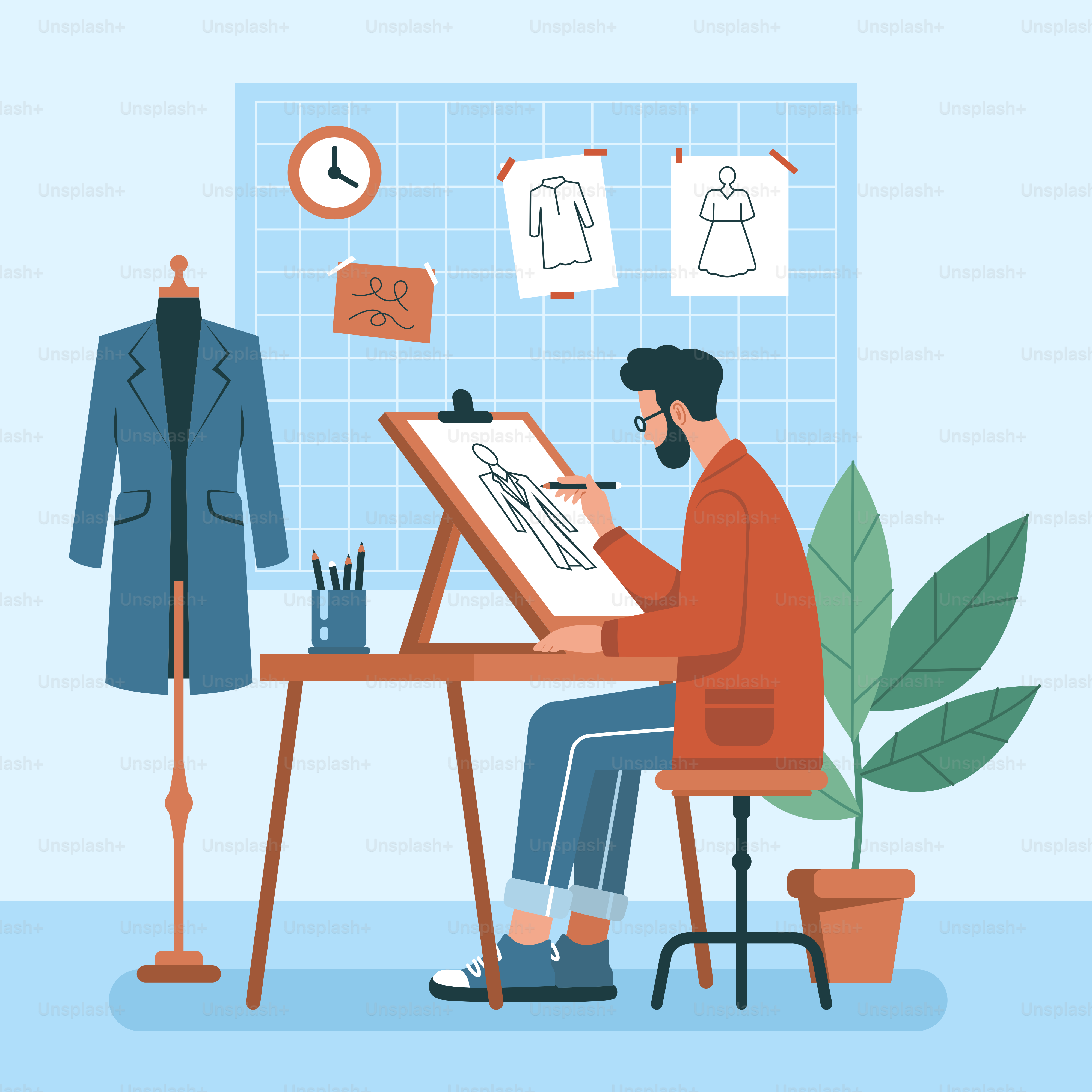 Un homme assis à un bureau dessine sur une feuille de papier