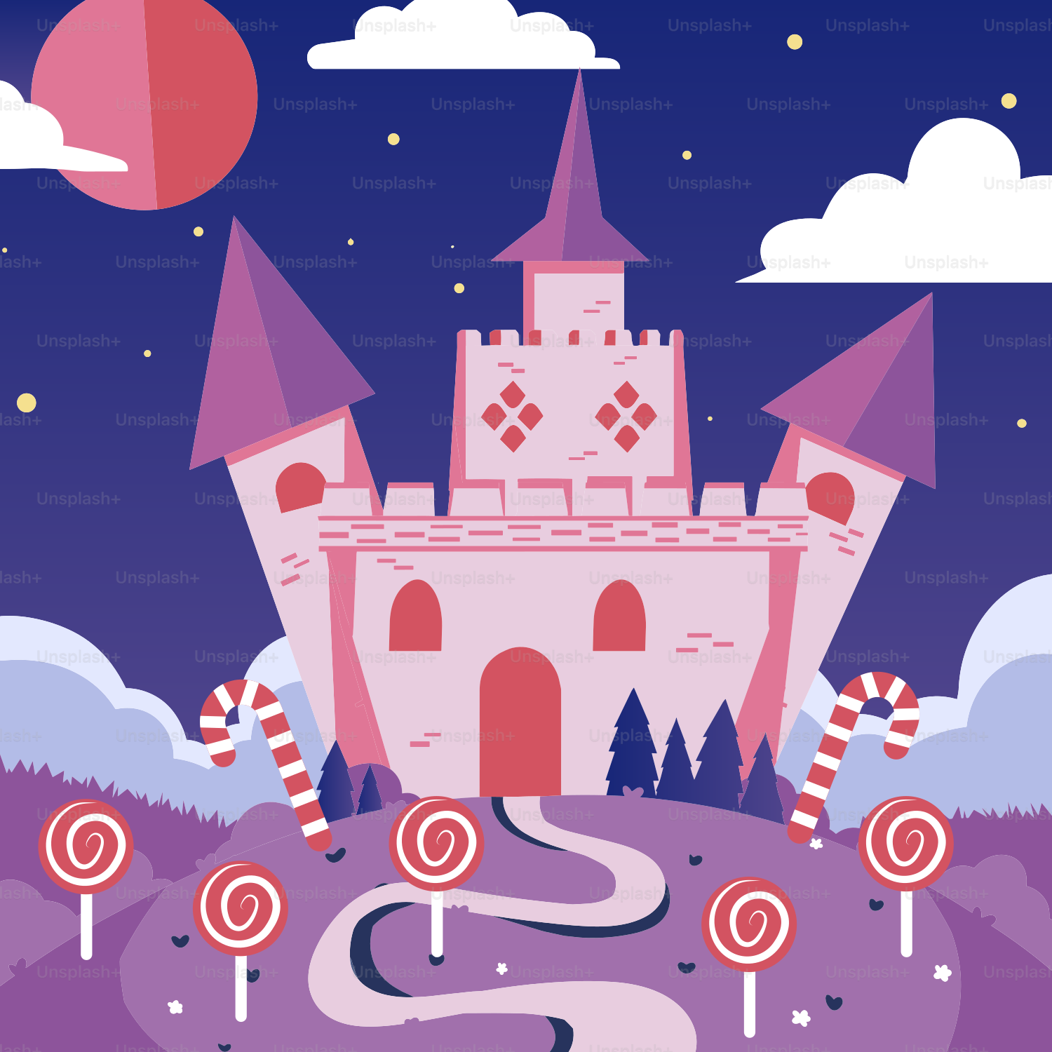 A pink castle with a pathway leading to it