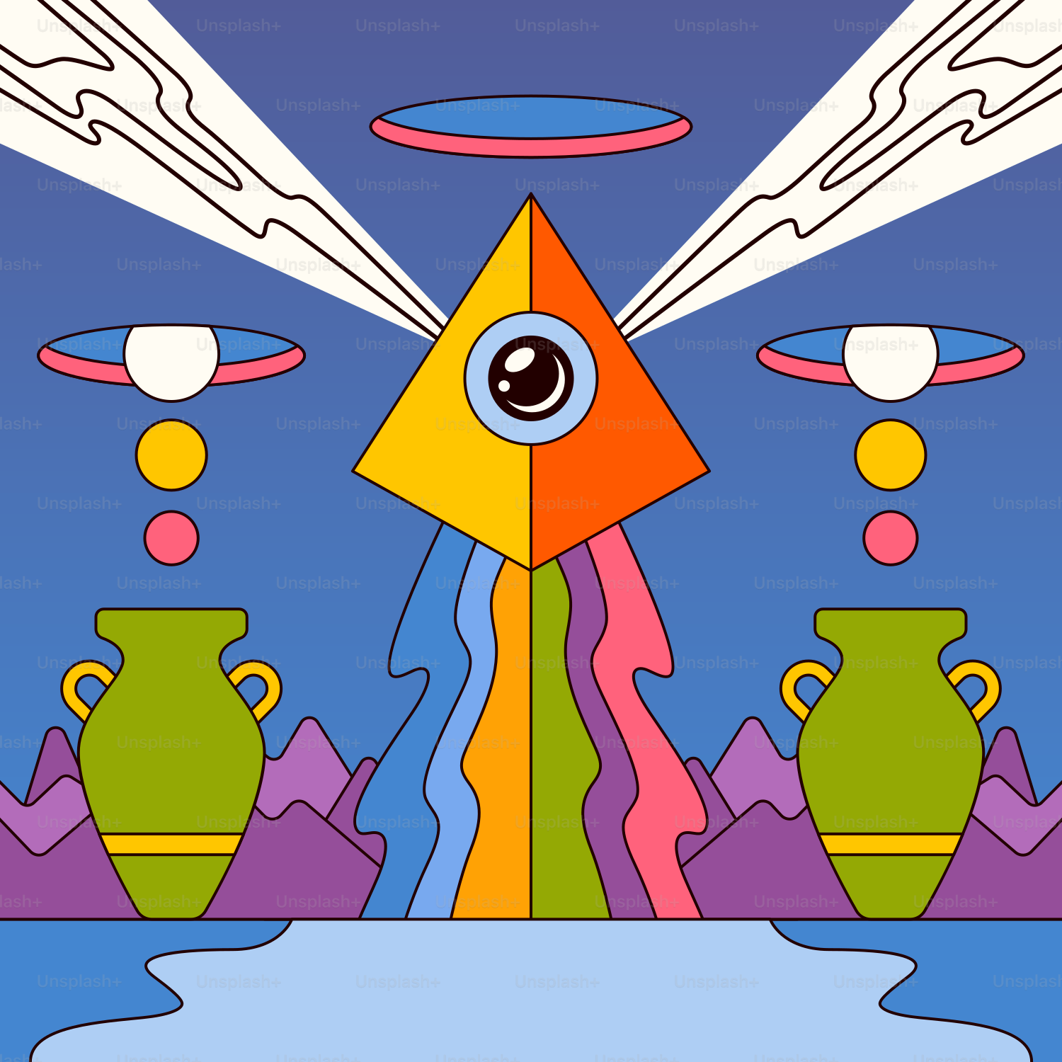 A painting of a strange looking object in the middle of a body of water ...