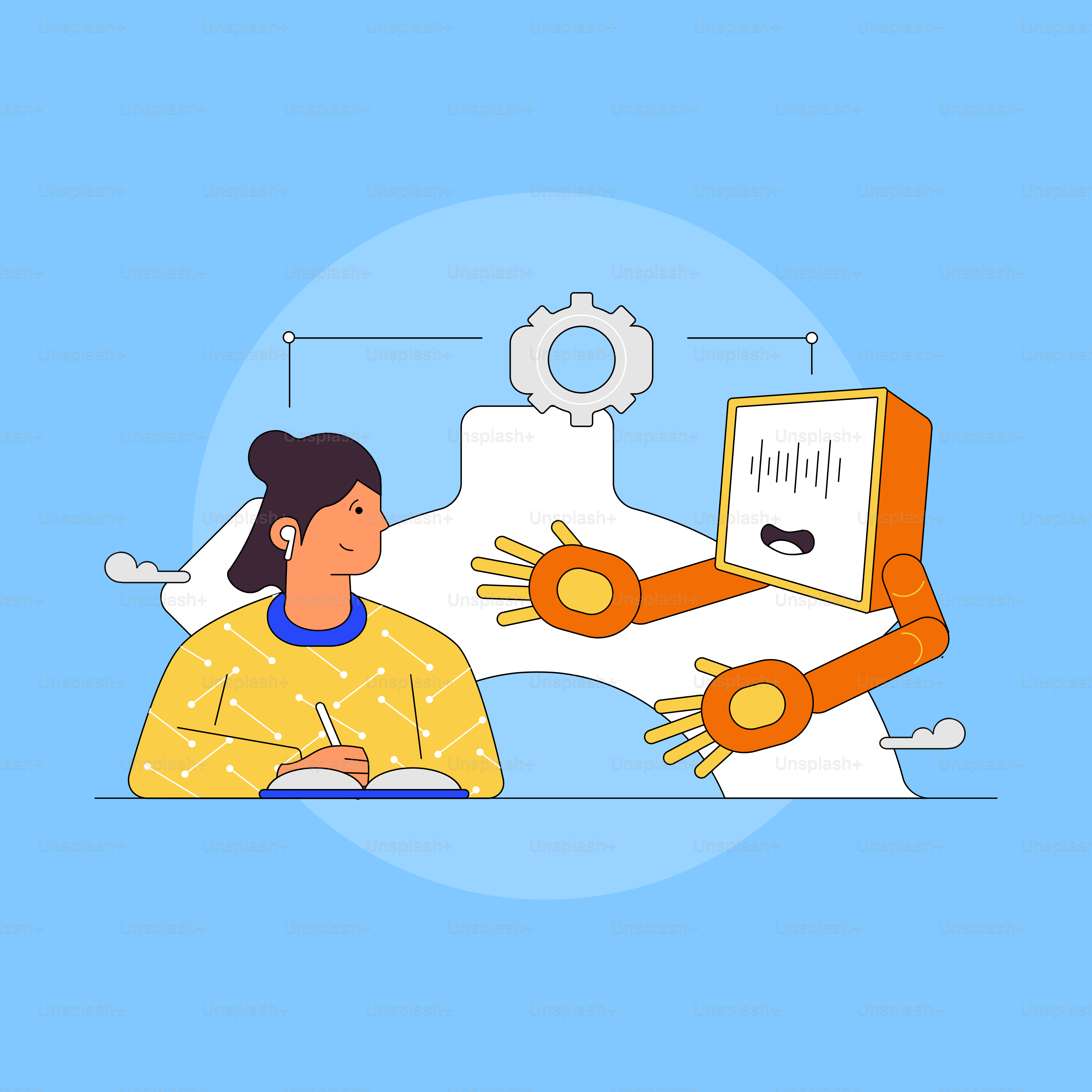 A woman sitting at a desk with a robot next to her