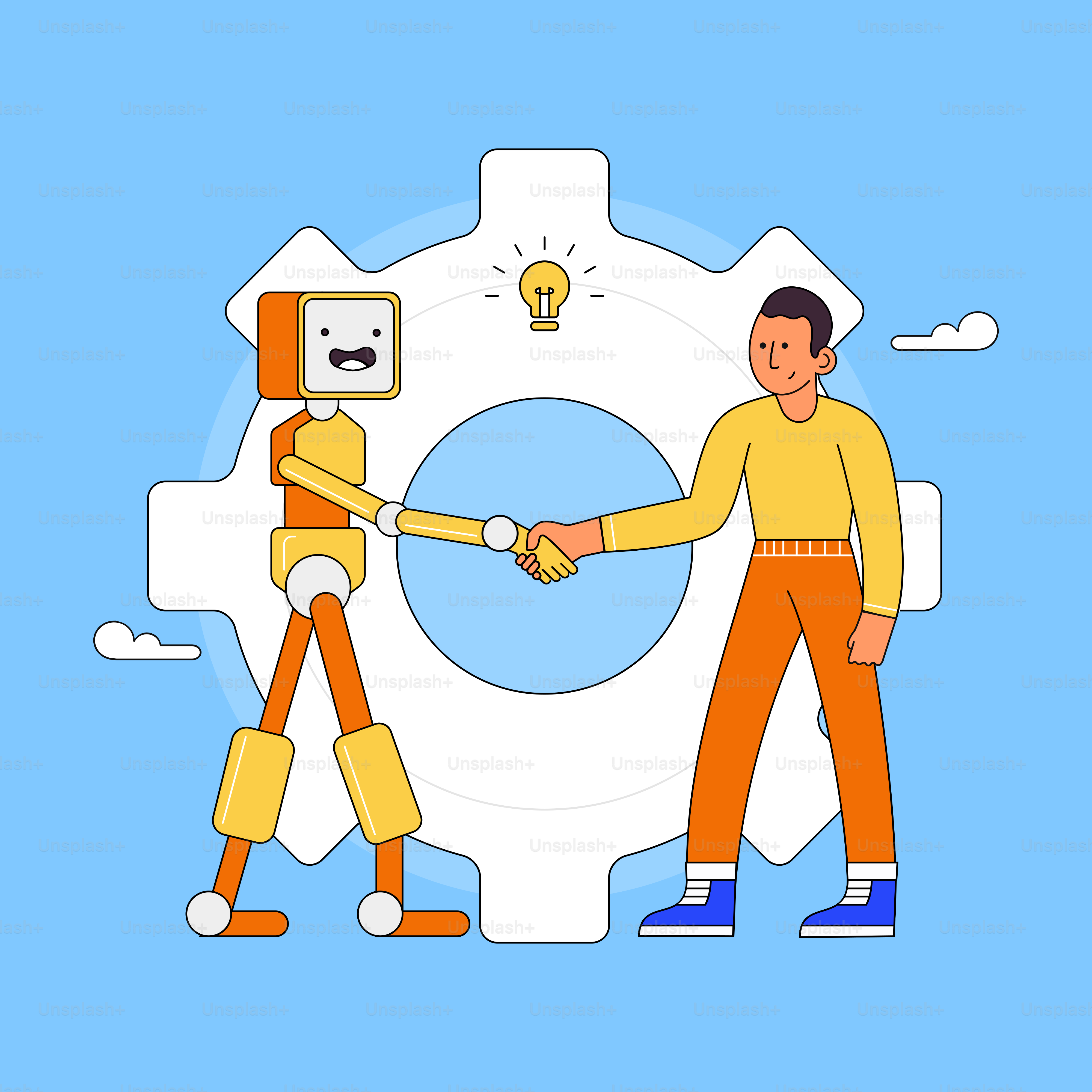 Two people shaking hands over a gear wheel