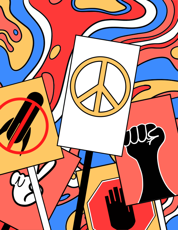A painting of a peace sign and a hand holding a sign