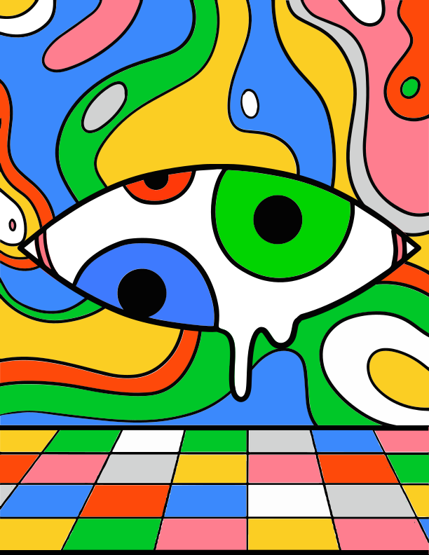 Uma pintura de um peixe com um fundo colorido