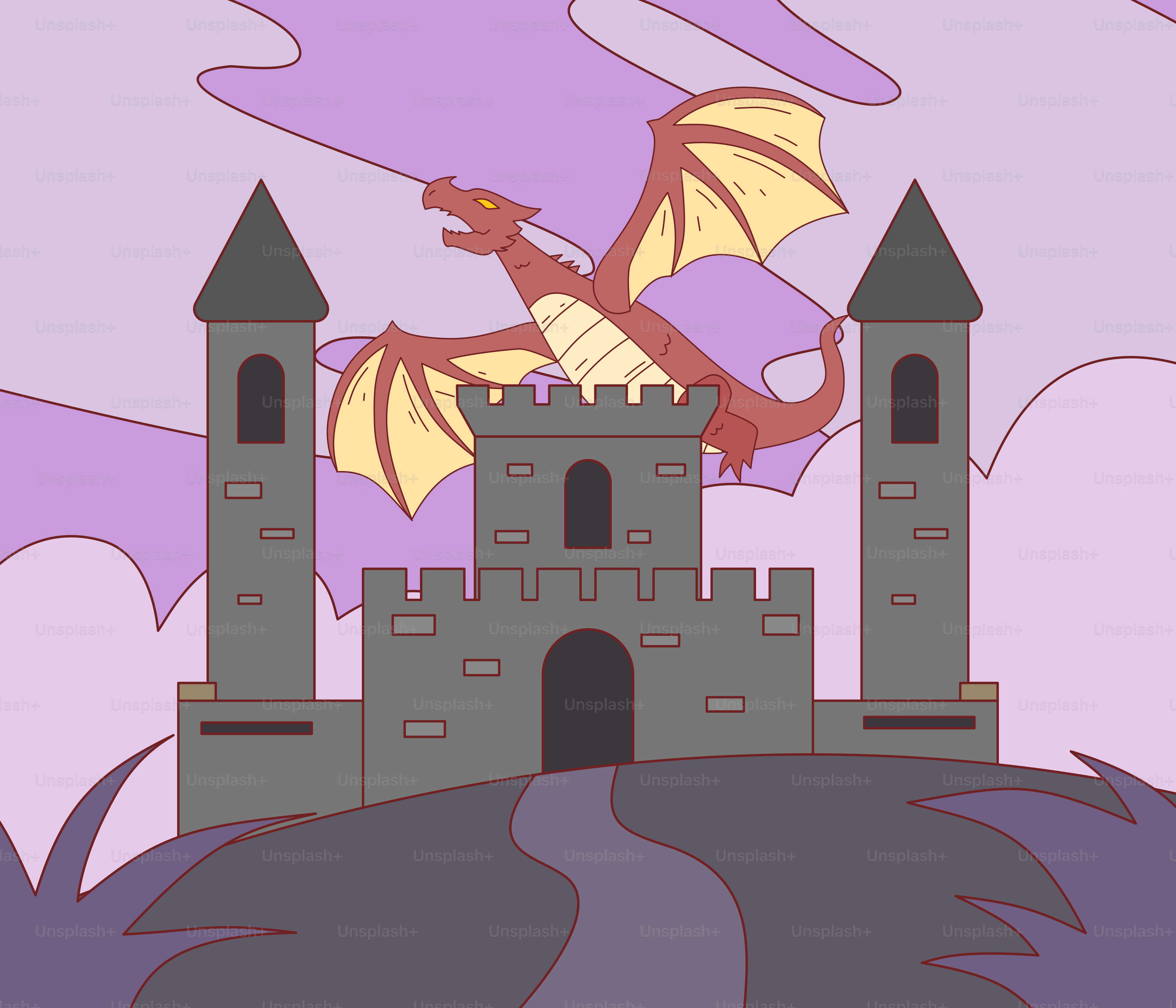 A castle with a dragon flying over it