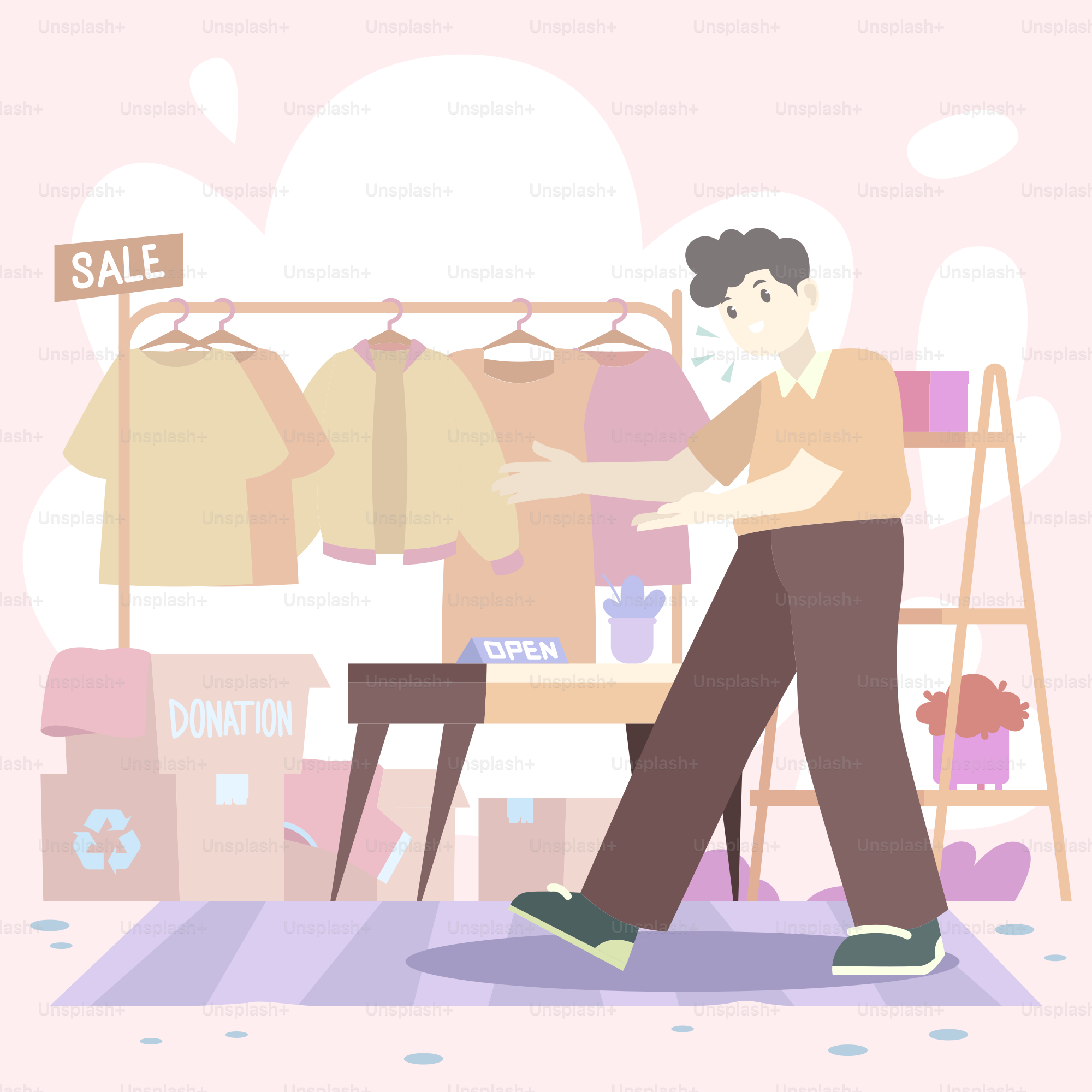 A man is walking through a clothing store