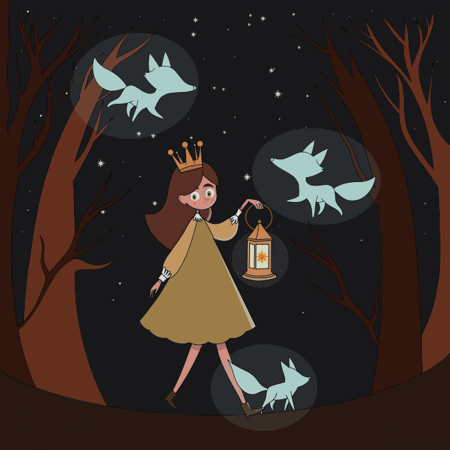 Una bambina che tiene una lanterna in una foresta