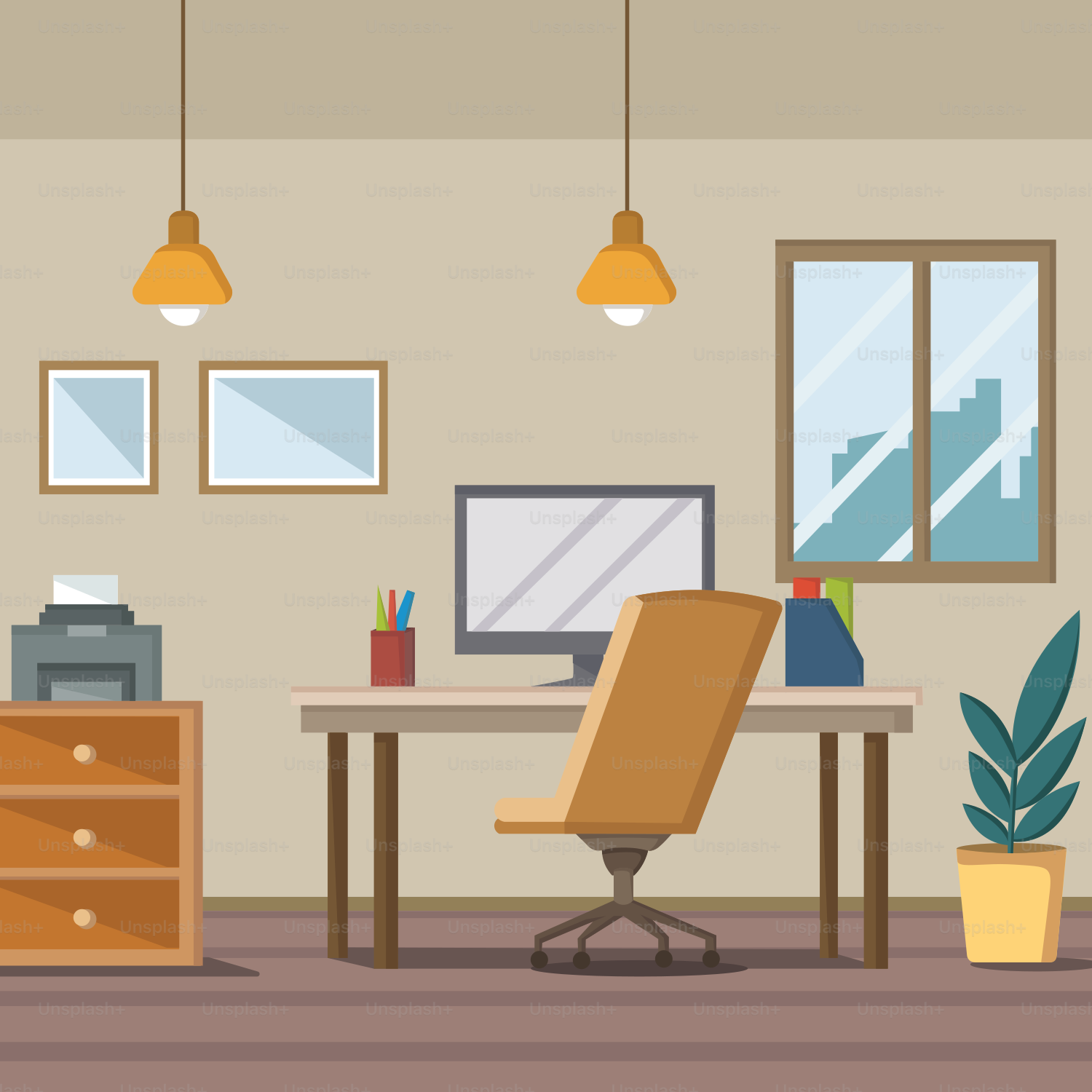A room with a desk a chair and a computer