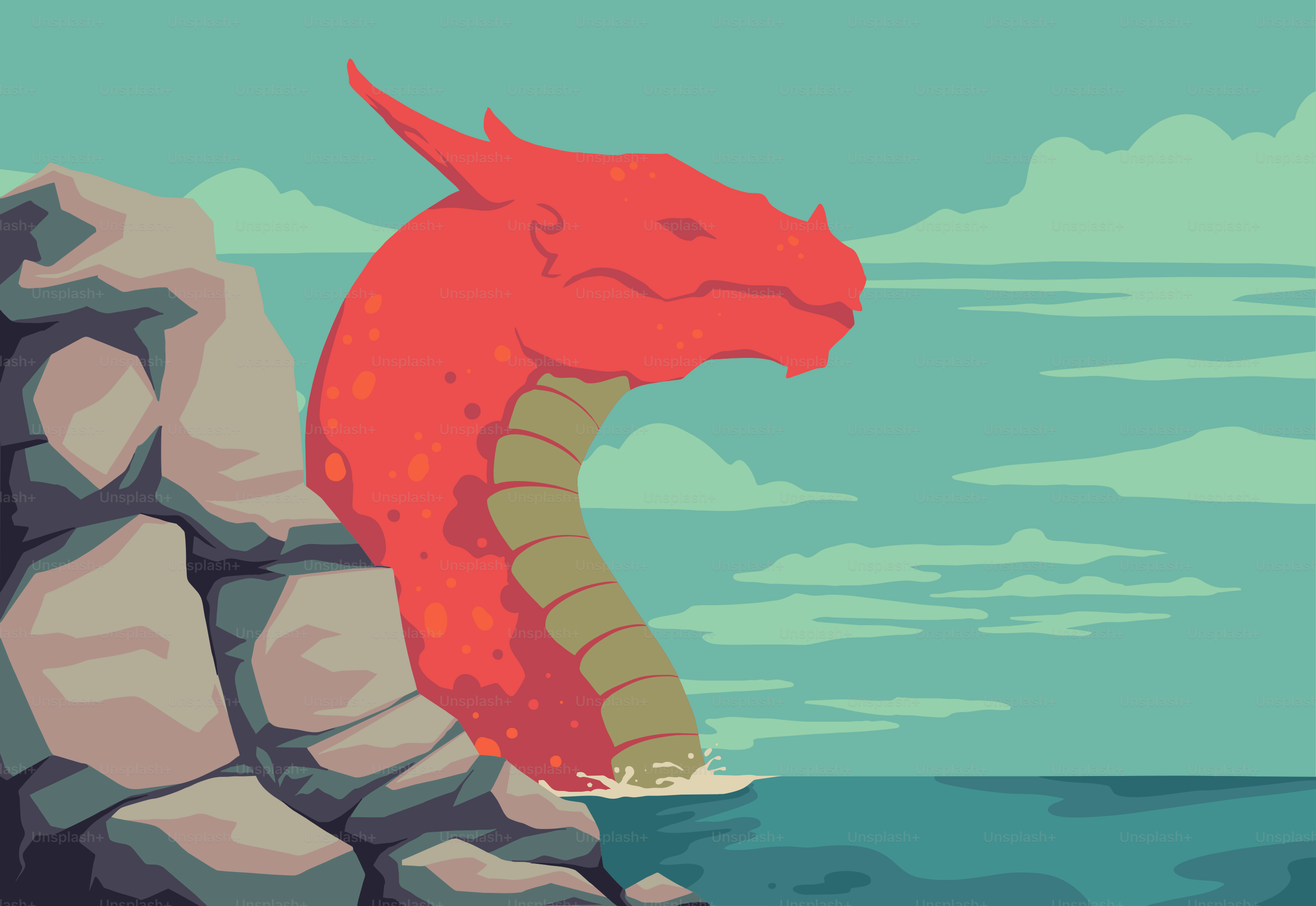 A red dragon sitting on top of a rock next to the ocean