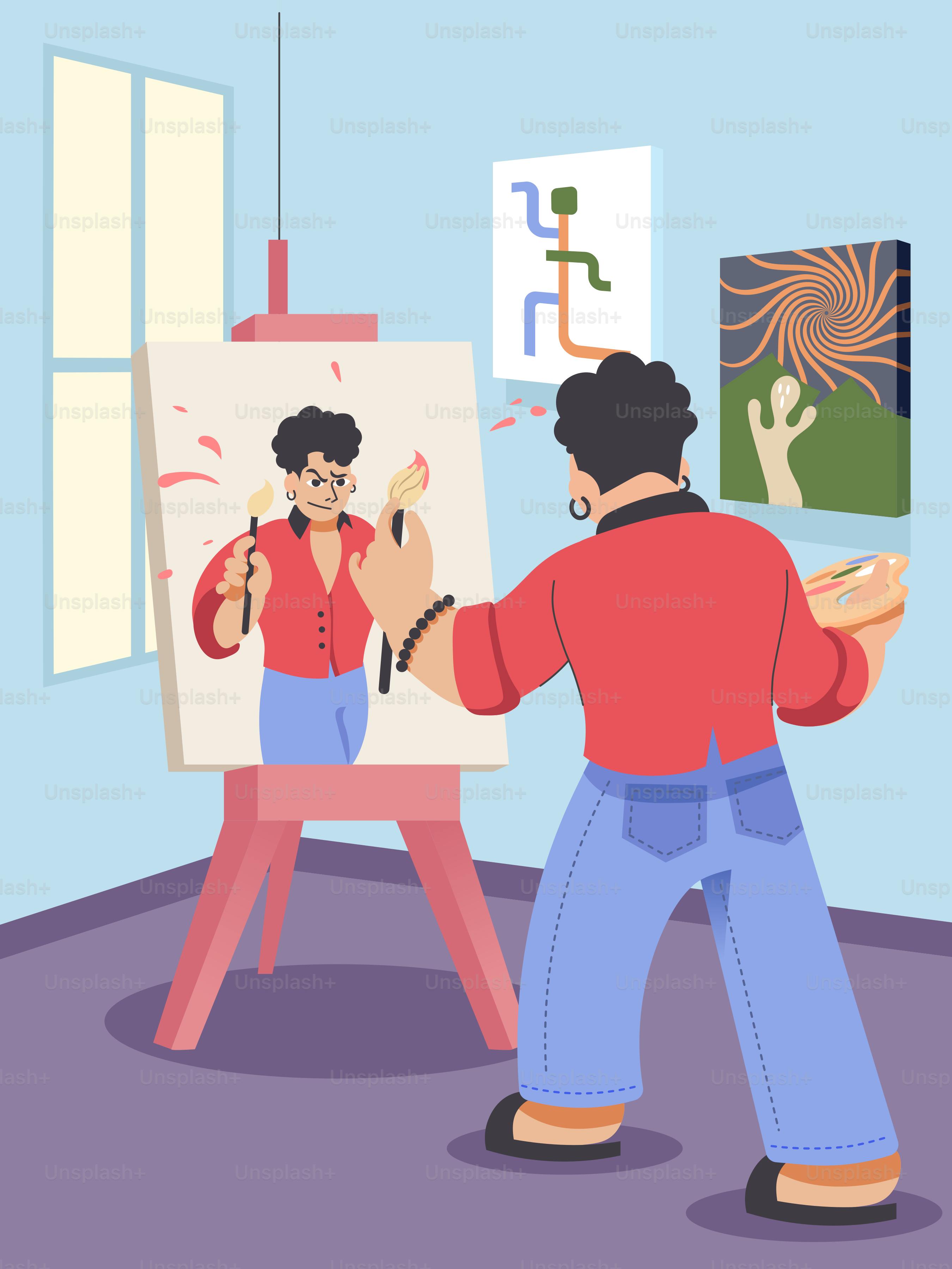 A man standing in front of a easel painting a picture