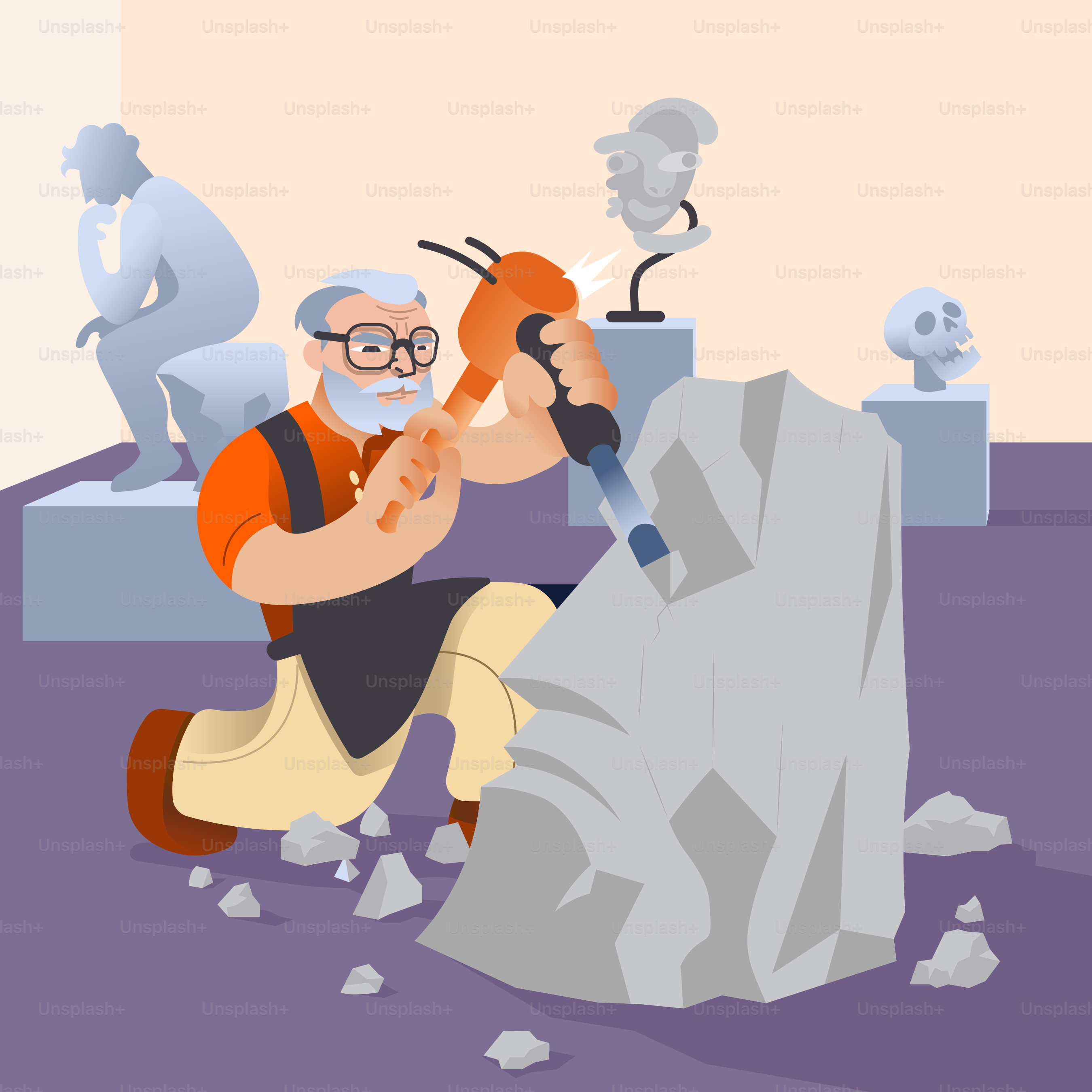 A man is working on a sculpture in a museum