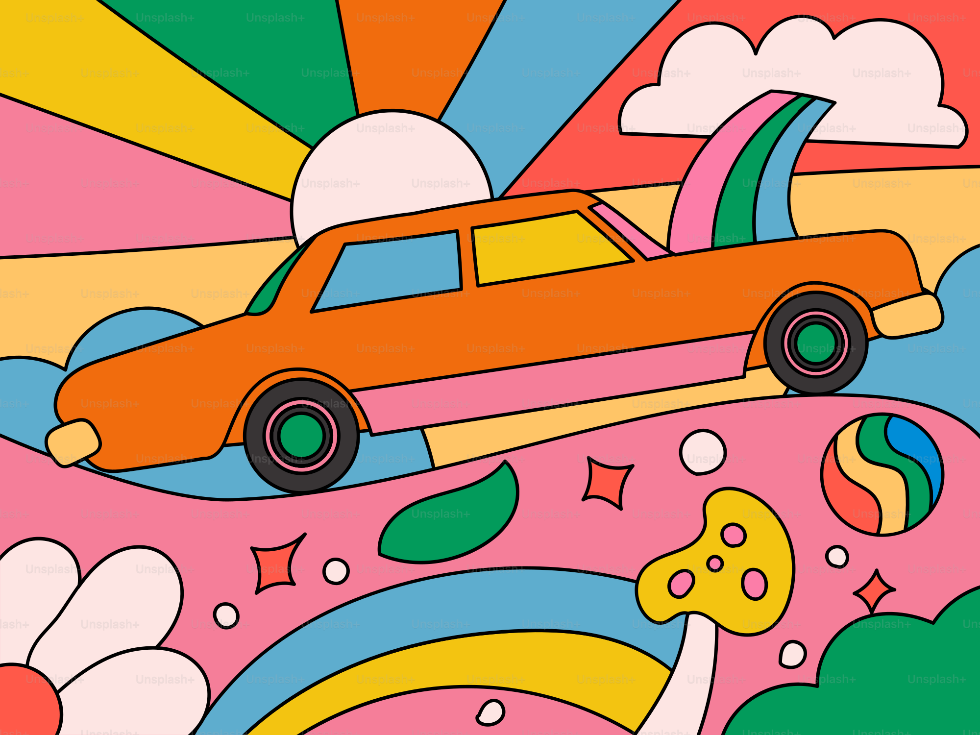 An orange car driving through a colorful landscape