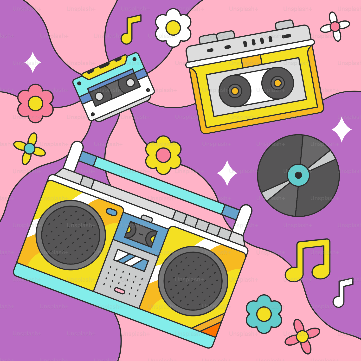 A picture of a boombox and a record player