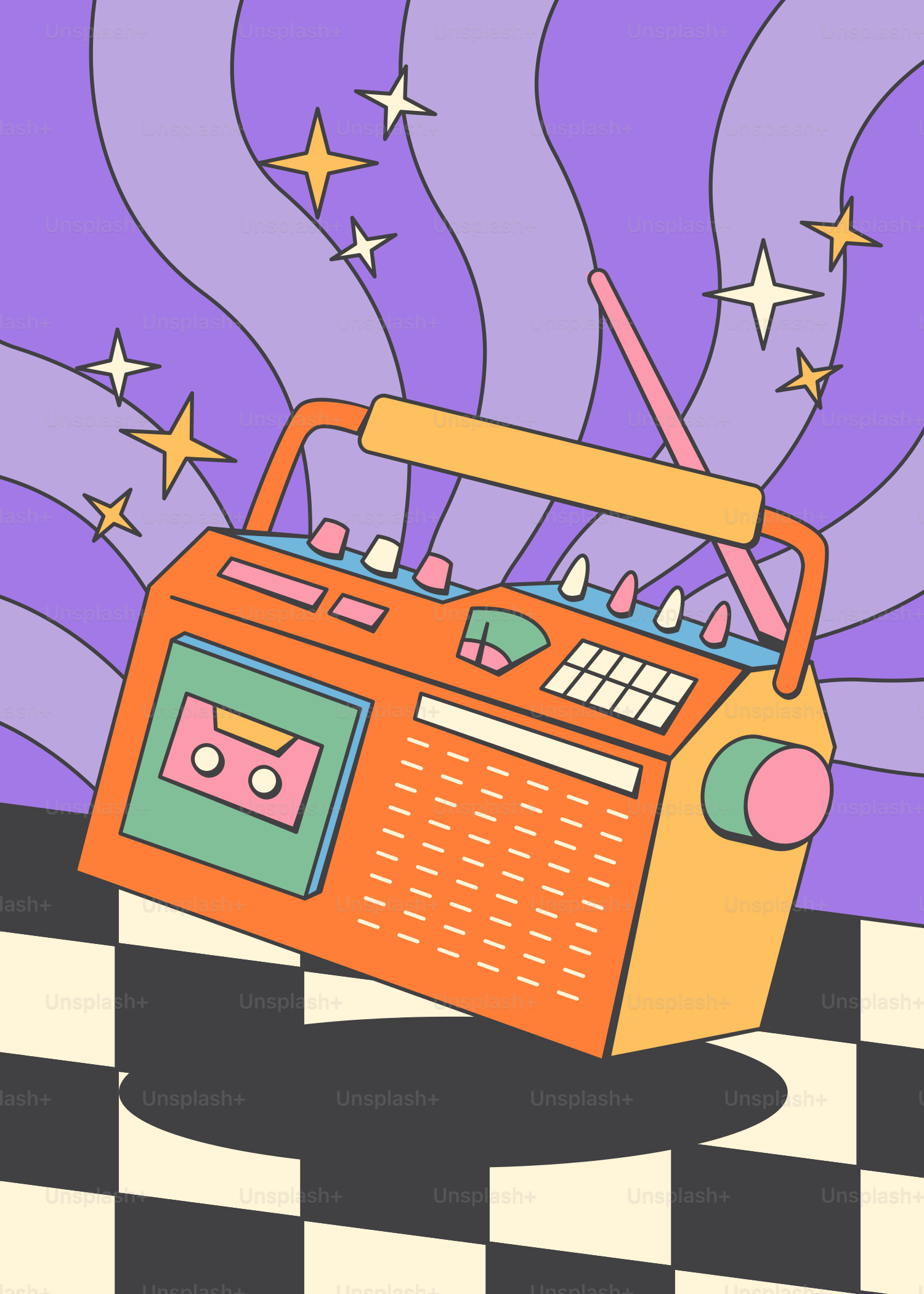 An orange radio sitting on top of a checkered floor