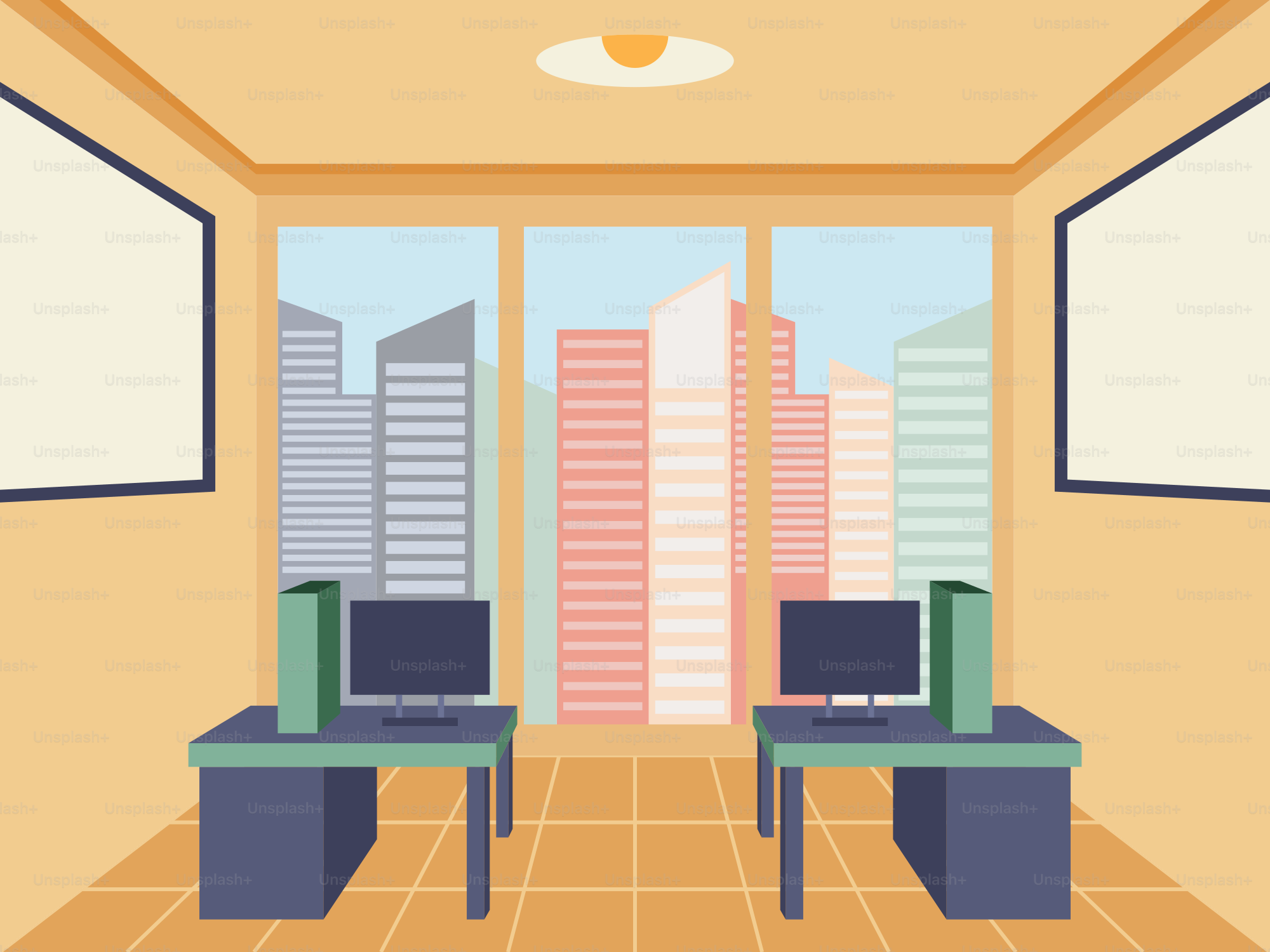 A room with two computer monitors and a desk