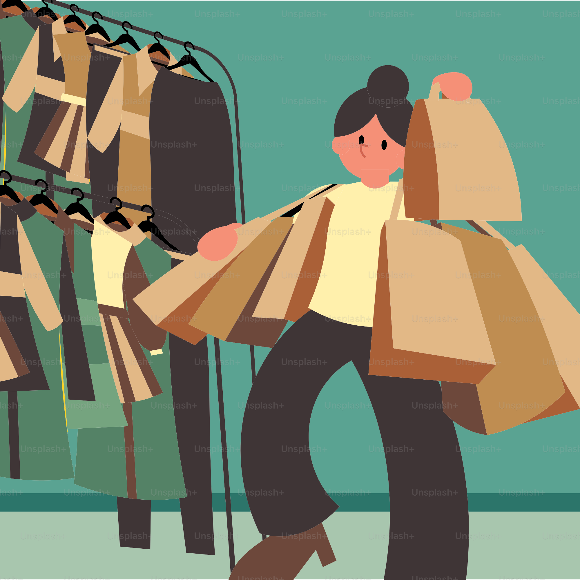 Una donna con una borsa della spesa davanti a uno scaffale di vestiti