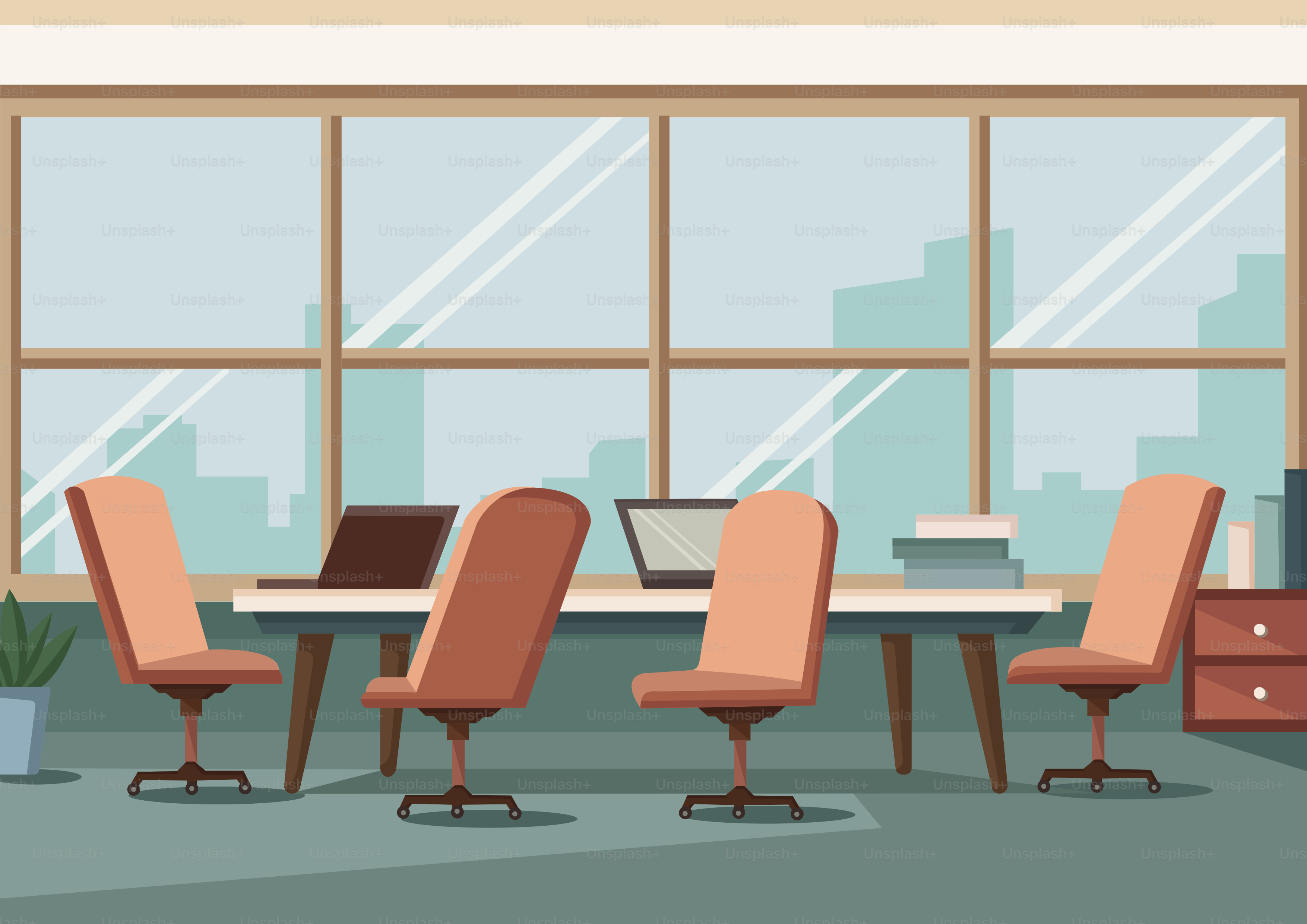 A room with a table, chairs and a laptop