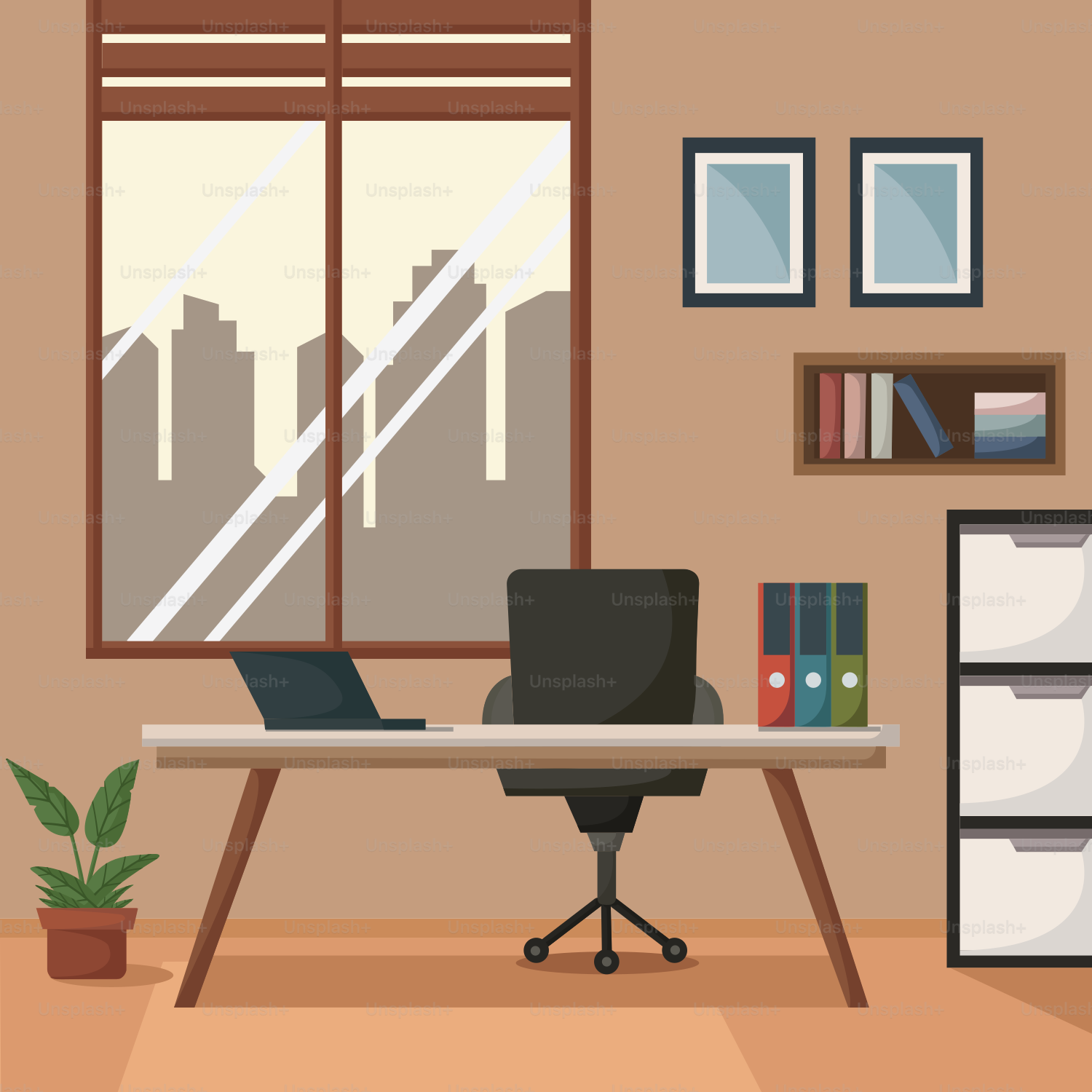 A room with a desk and a book shelf