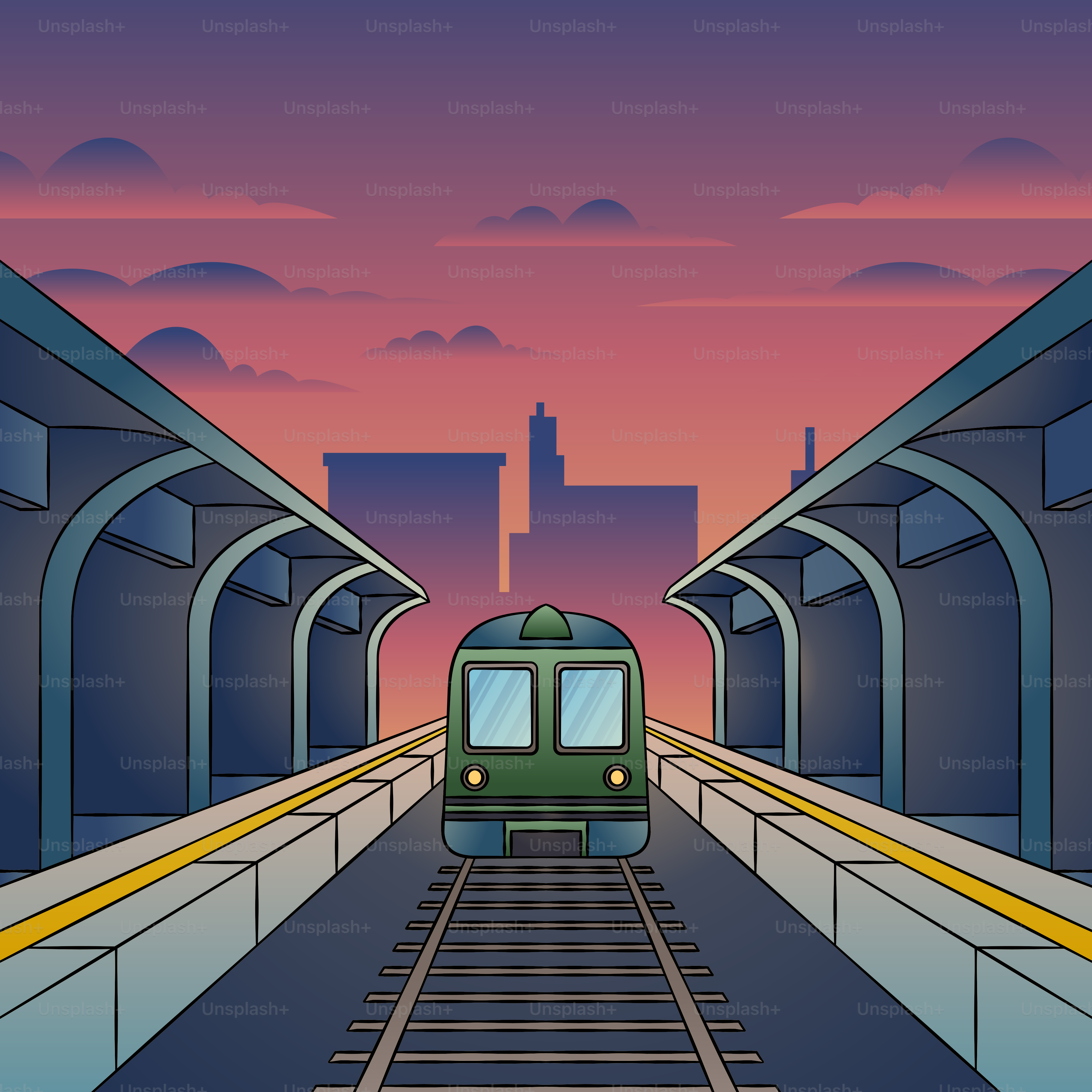 A green train traveling through a train station