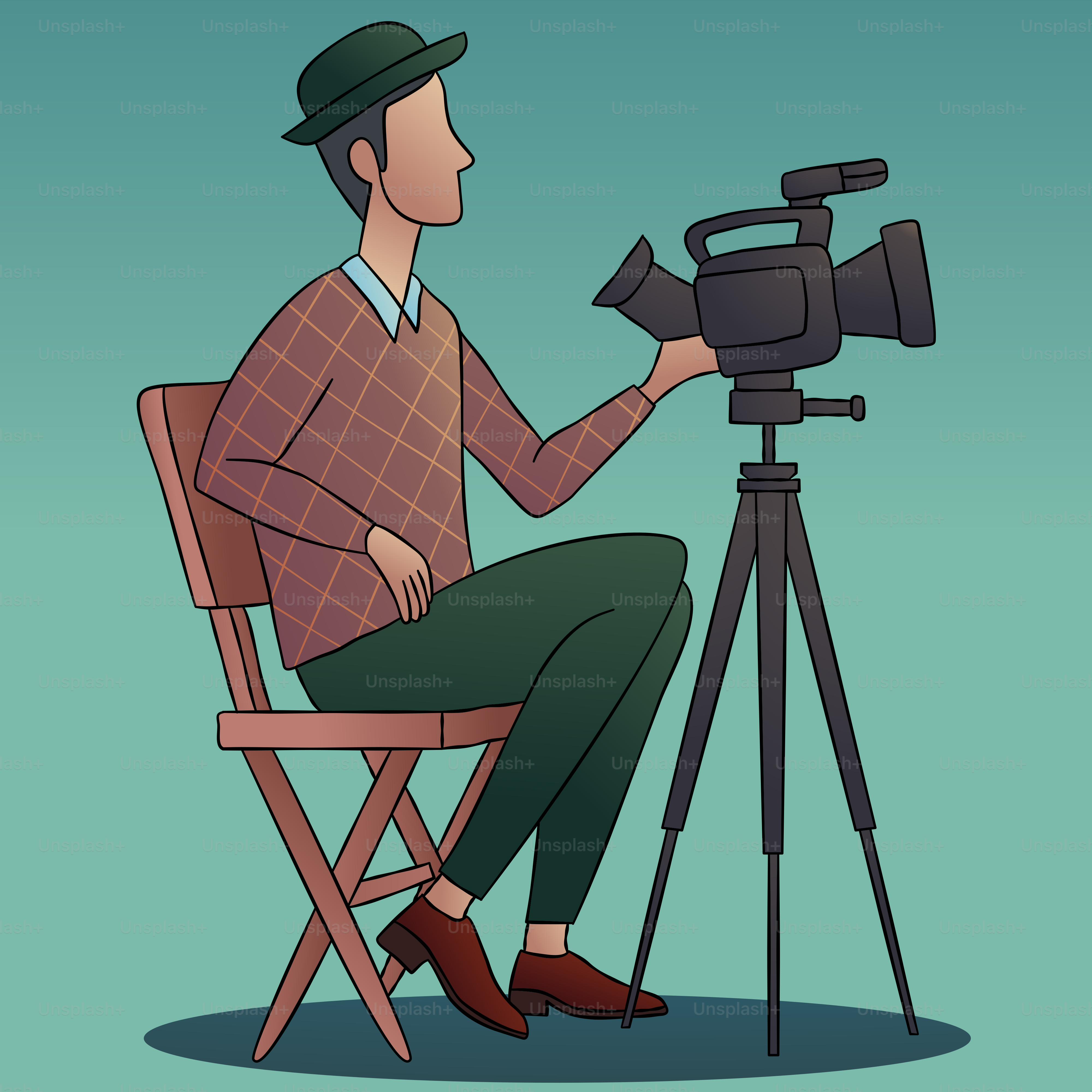 A man sitting in a chair with a camera on a tripod