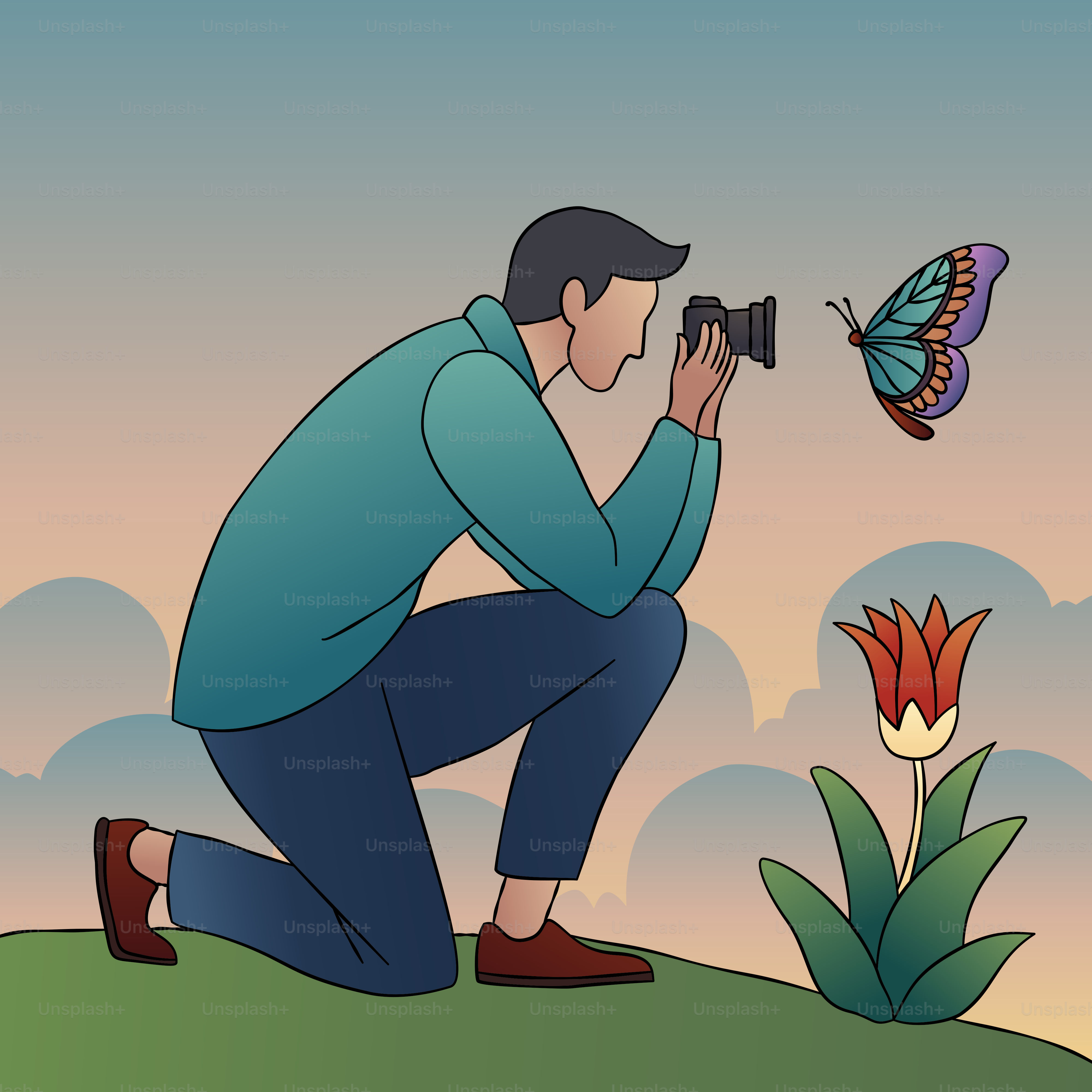 Un uomo inginocchiato per scattare una foto a una farfalla