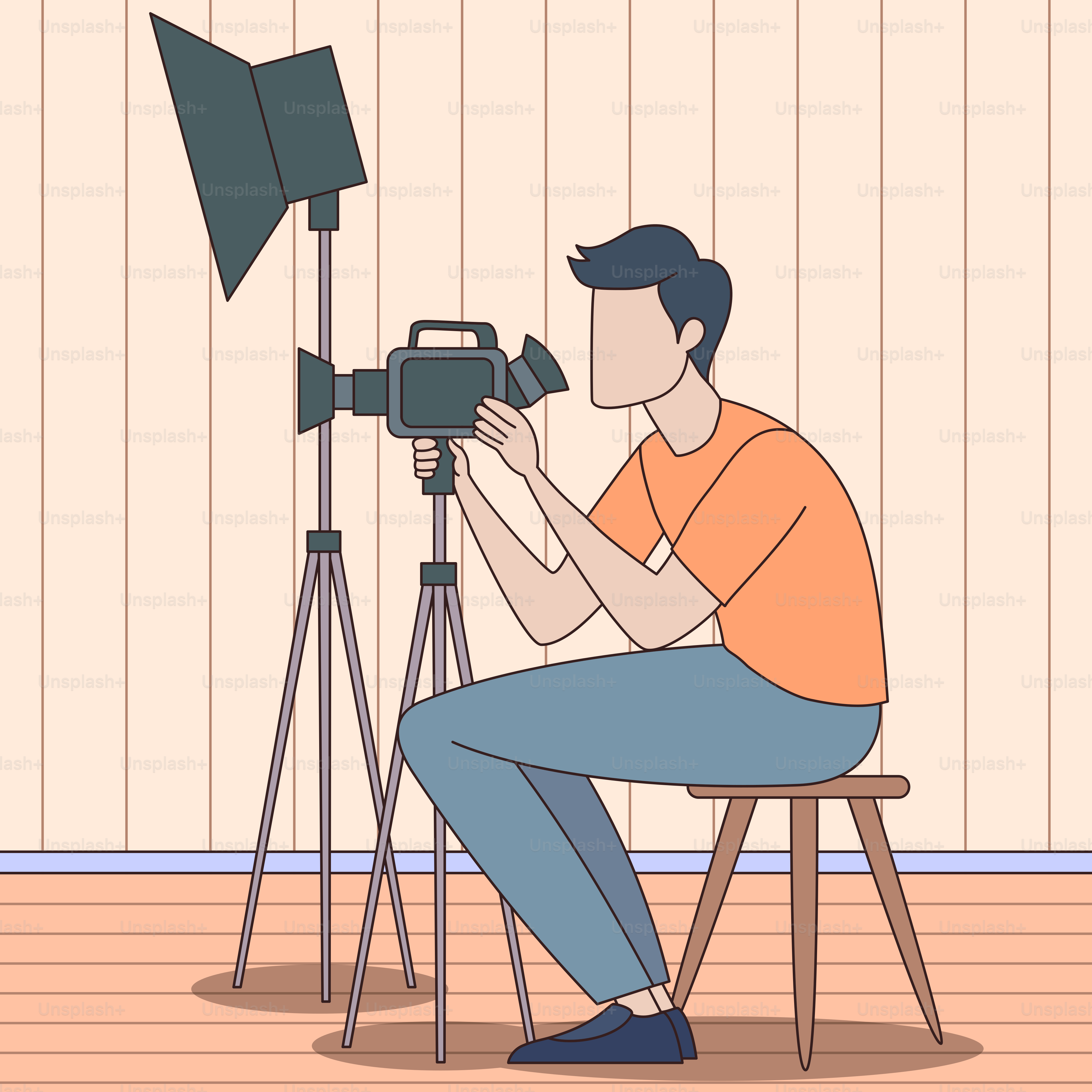 A man sitting on a stool in front of a camera