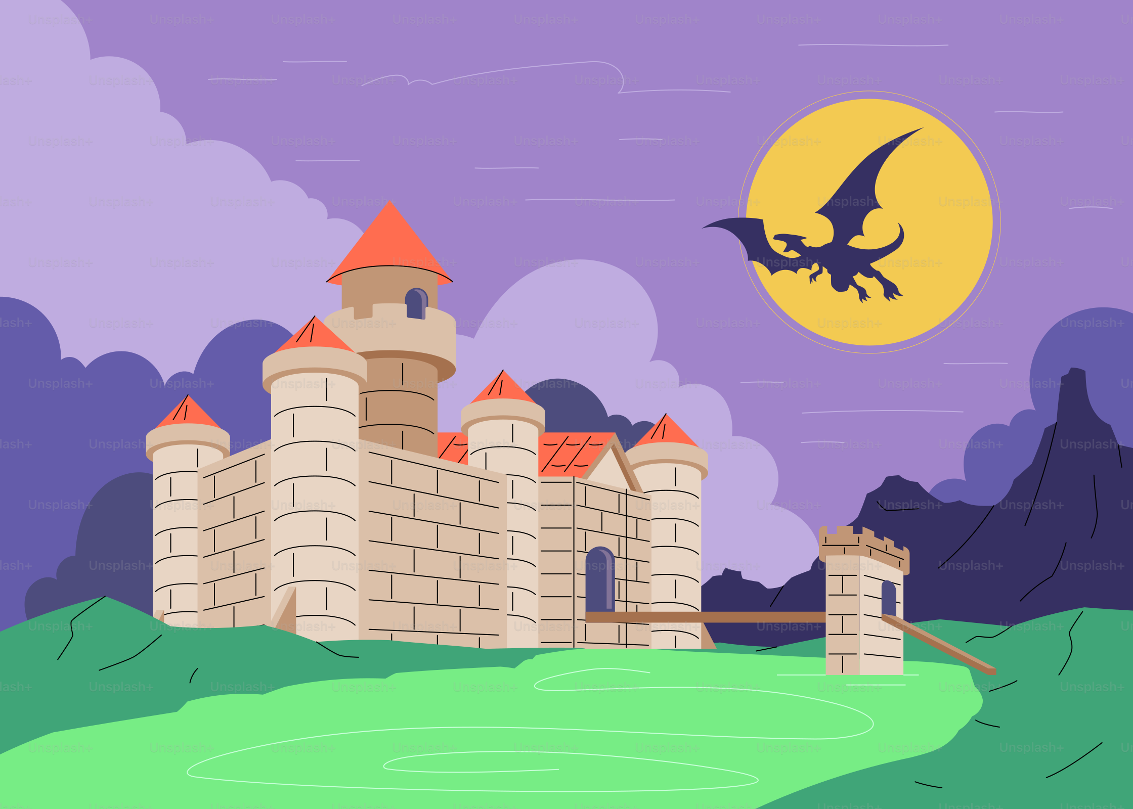 Ein Schloss mit einer Fledermaus, die darüber fliegt