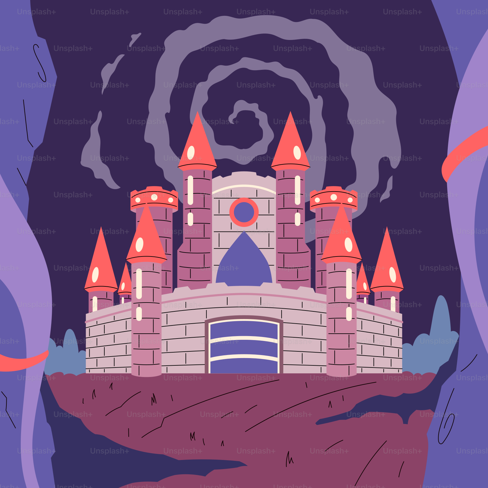 A drawing of a castle in the middle of the night