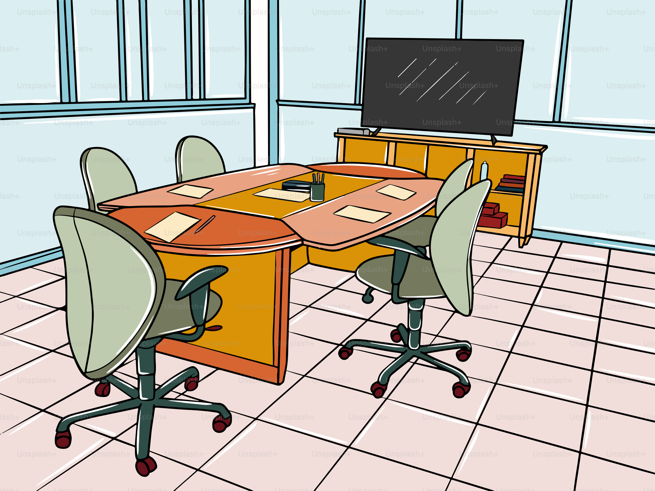 A drawing of a conference room with chairs and a television