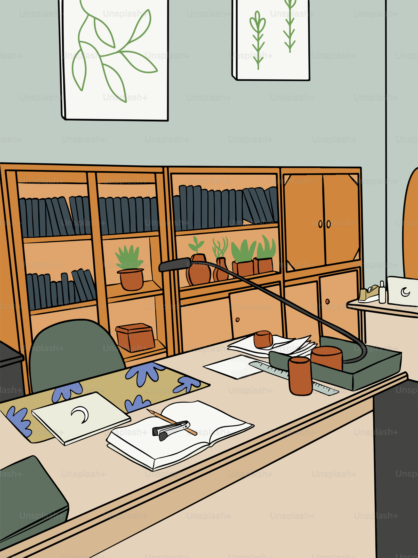 A drawing of a room with a desk and bookshelves