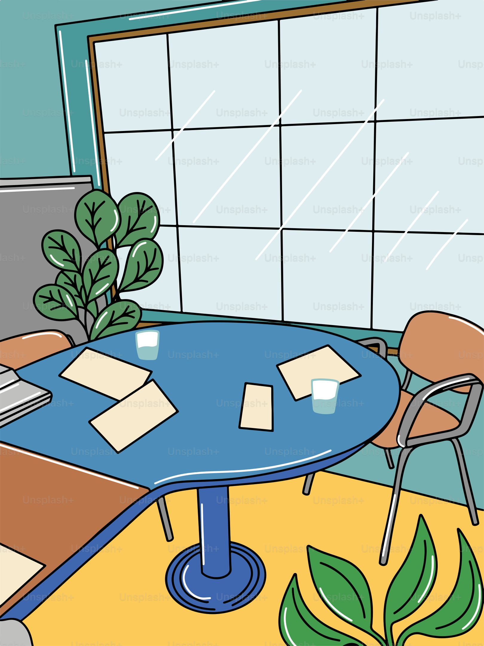 A room with a blue table and a laptop