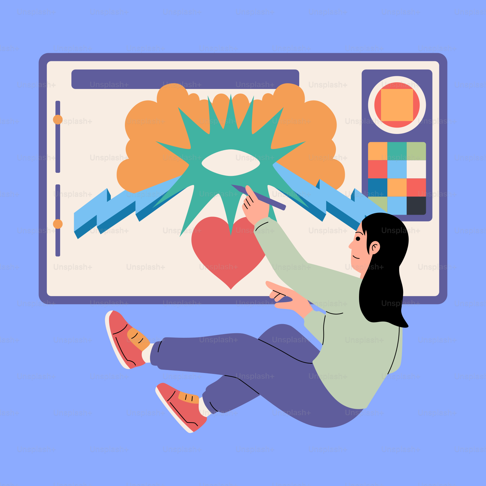 A woman sitting on the floor in front of a computer screen