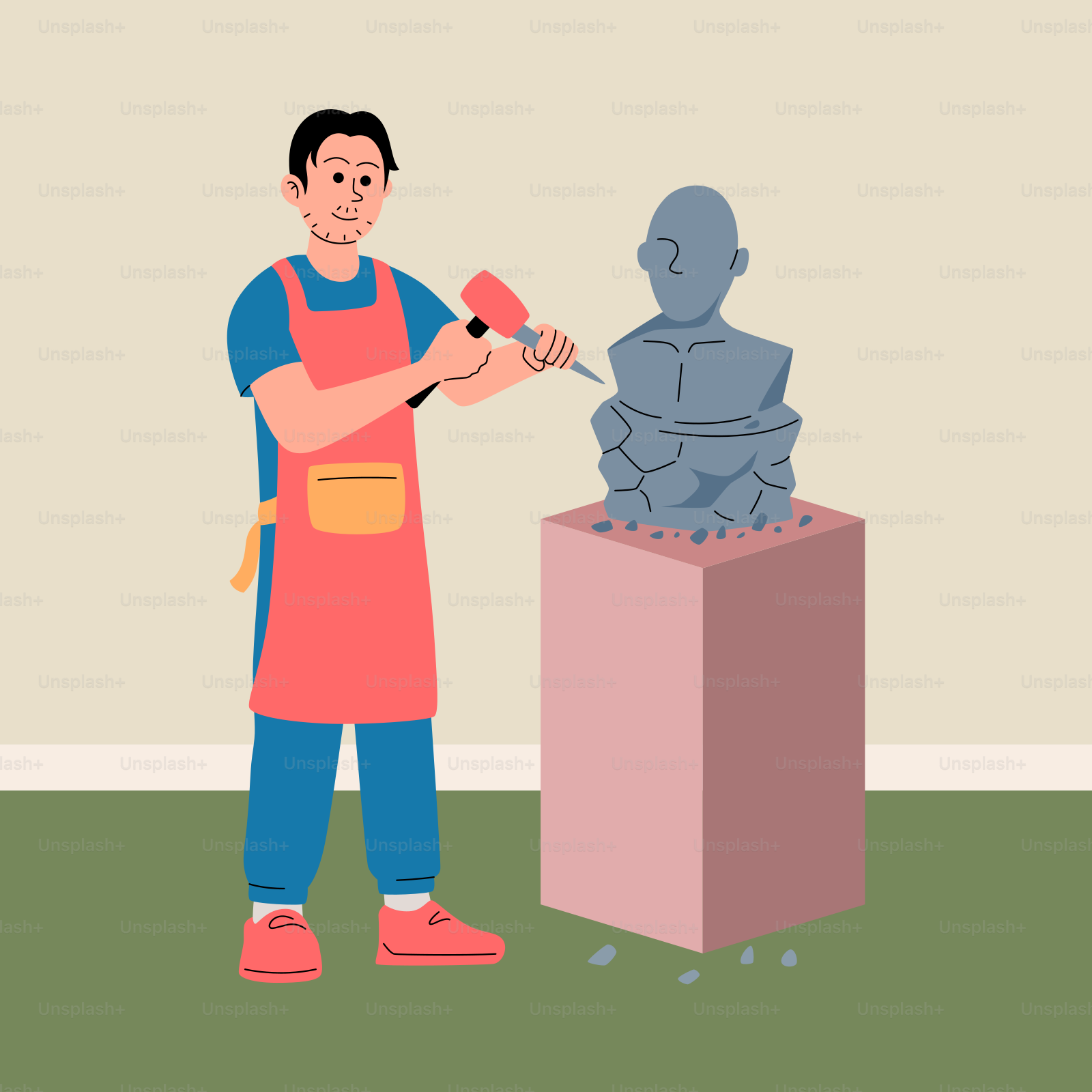 Un homme en tablier utilise une perceuse pour réparer une statue