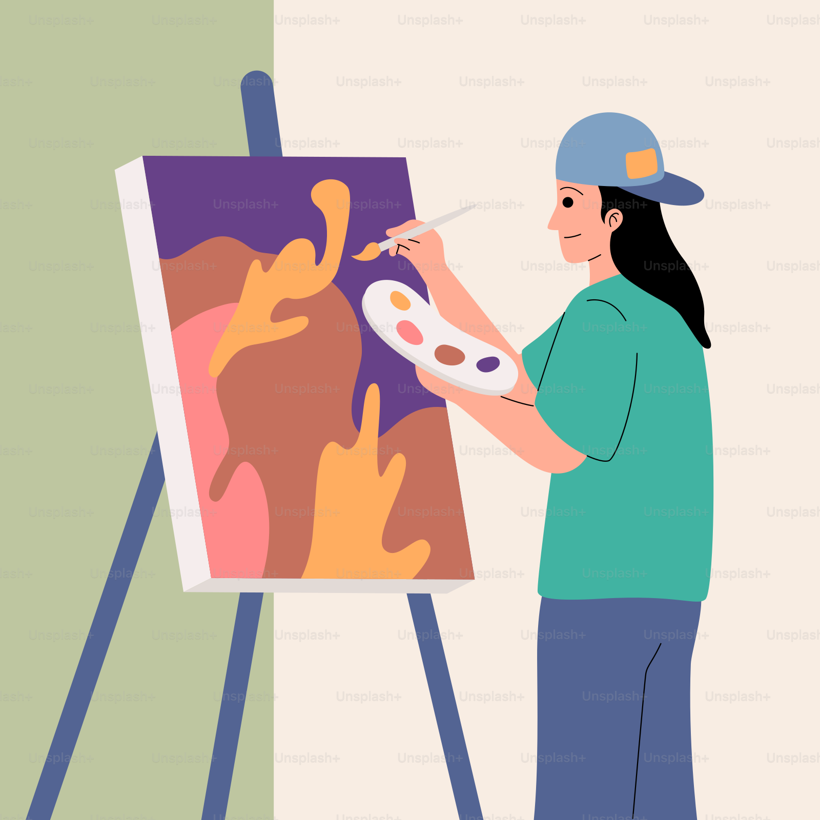 A woman is painting a picture on a easel