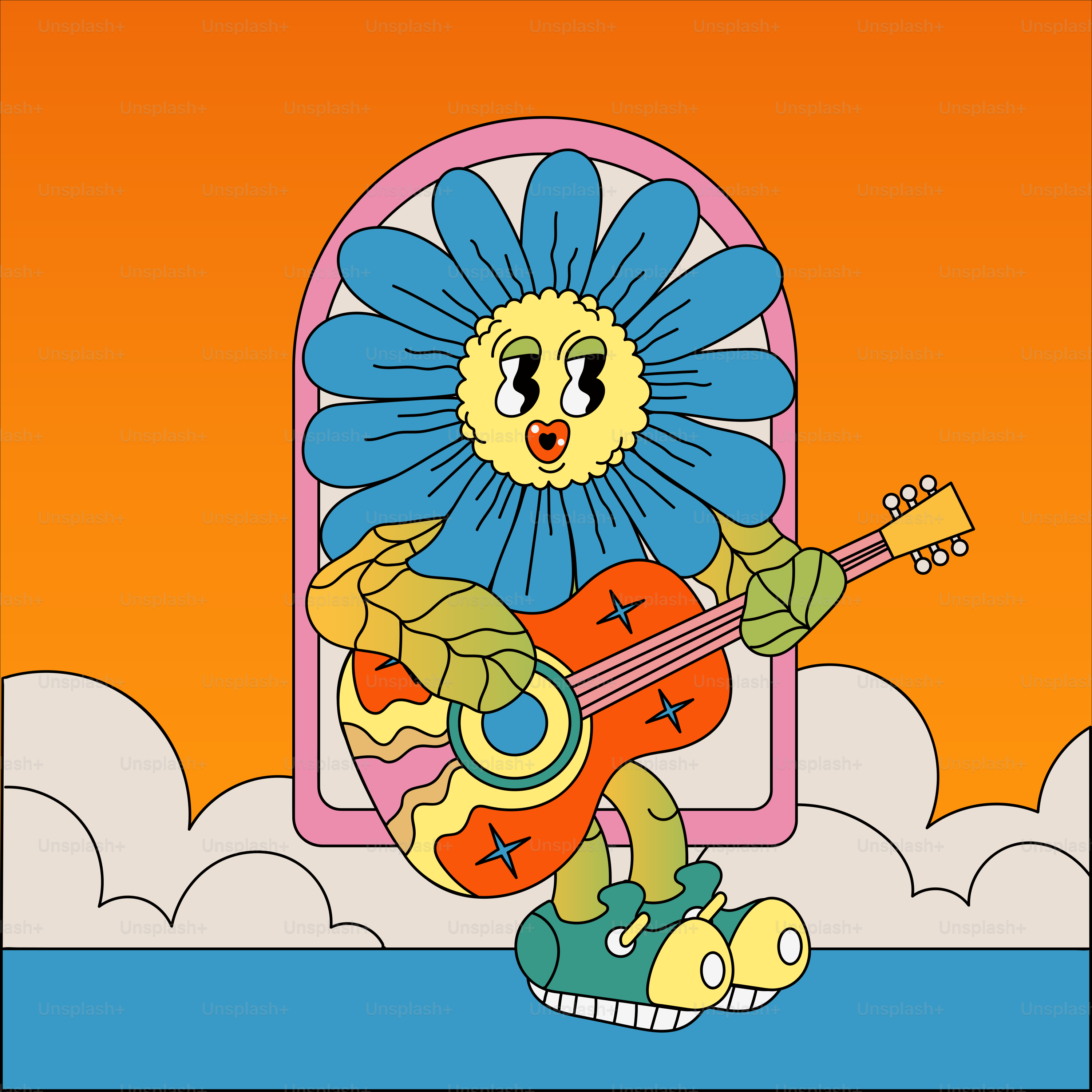 Un personaje de dibujos animados tocando una guitarra frente a un cielo naranja