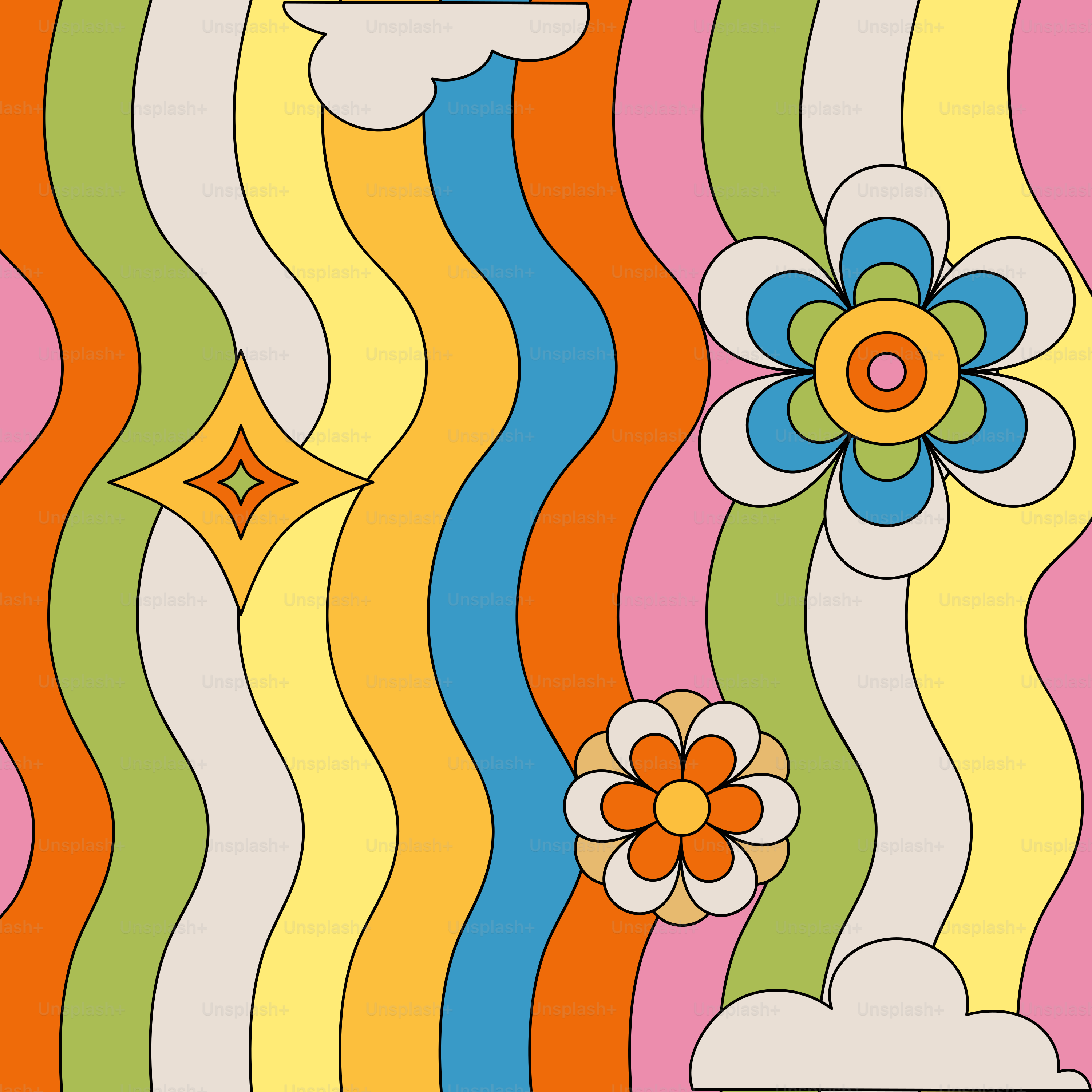 A colorful wallpaper with flowers and clouds