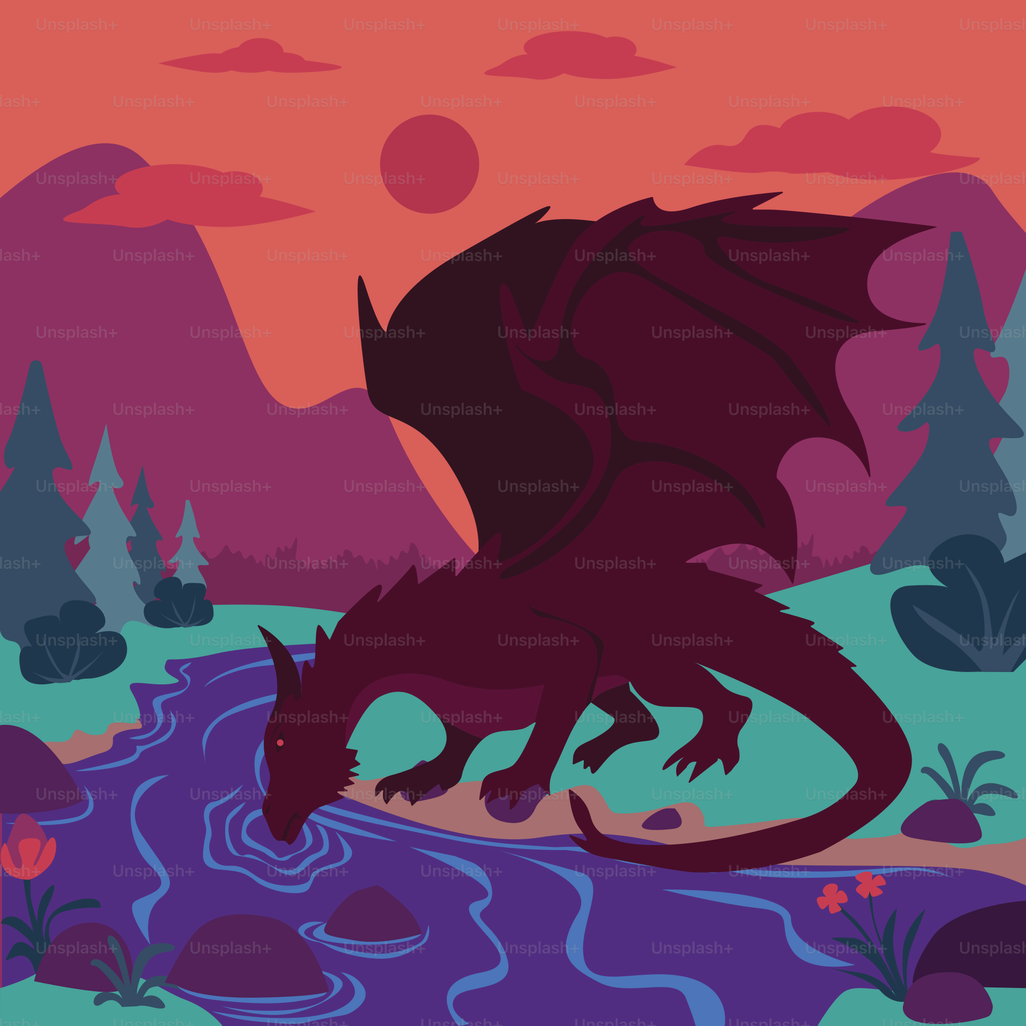 A dragon is flying over a stream in the mountains