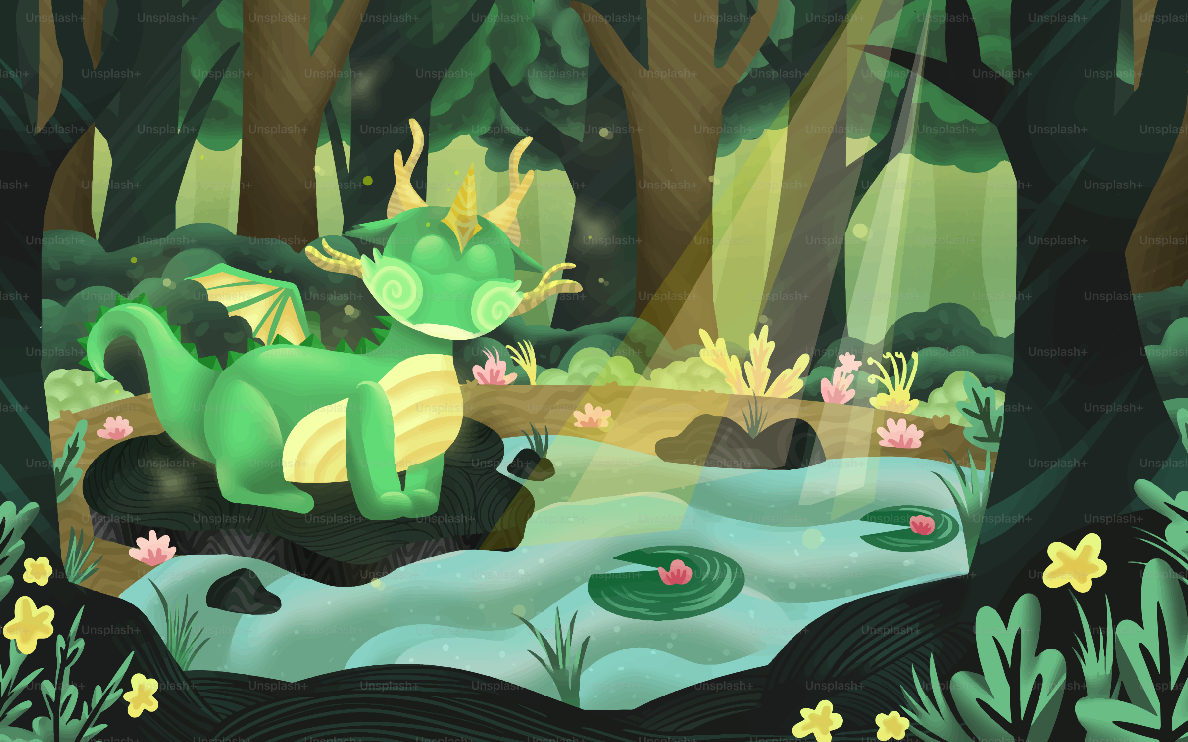 Uma pintura de um dragão verde em uma floresta