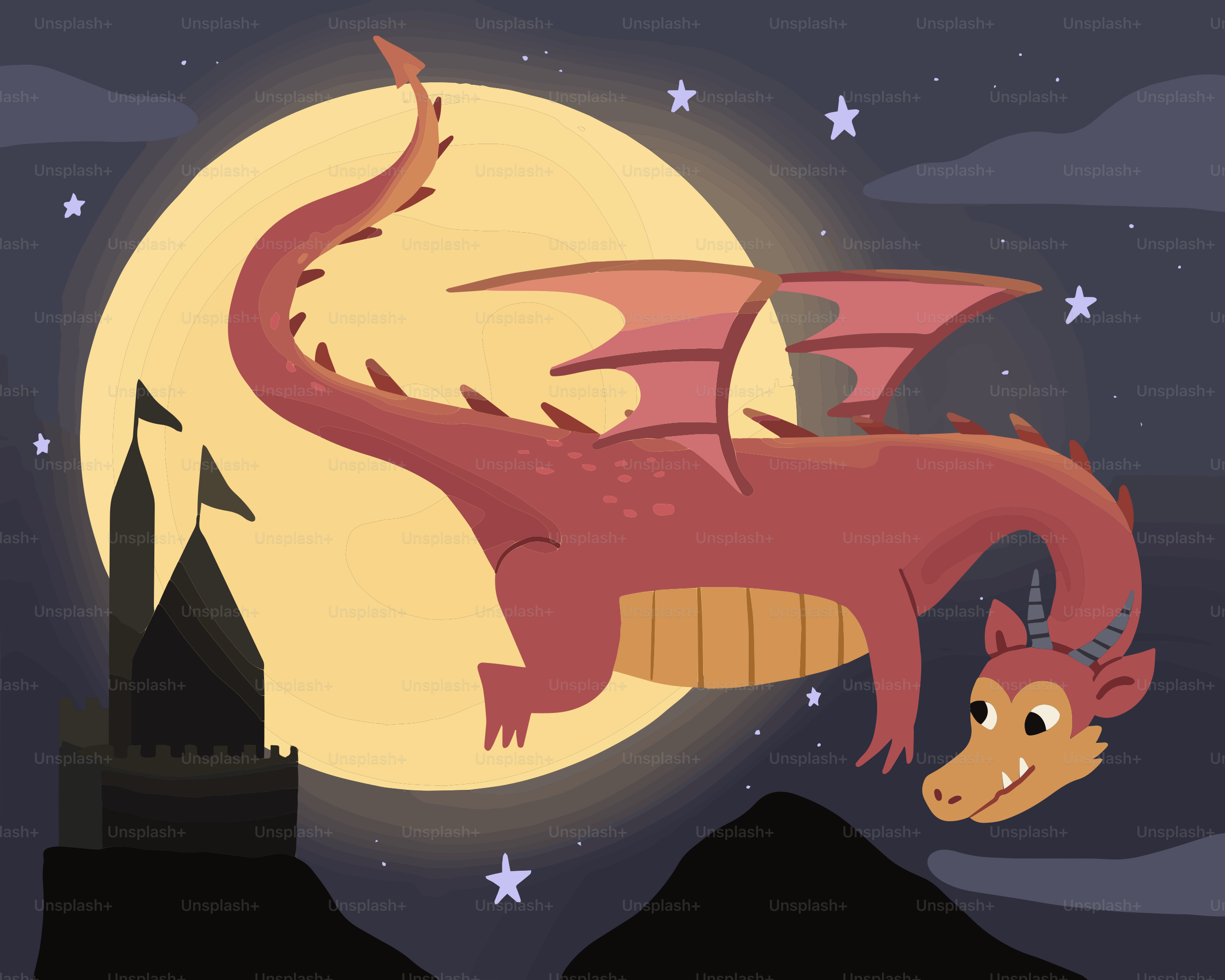 A red dragon flying over a city at night