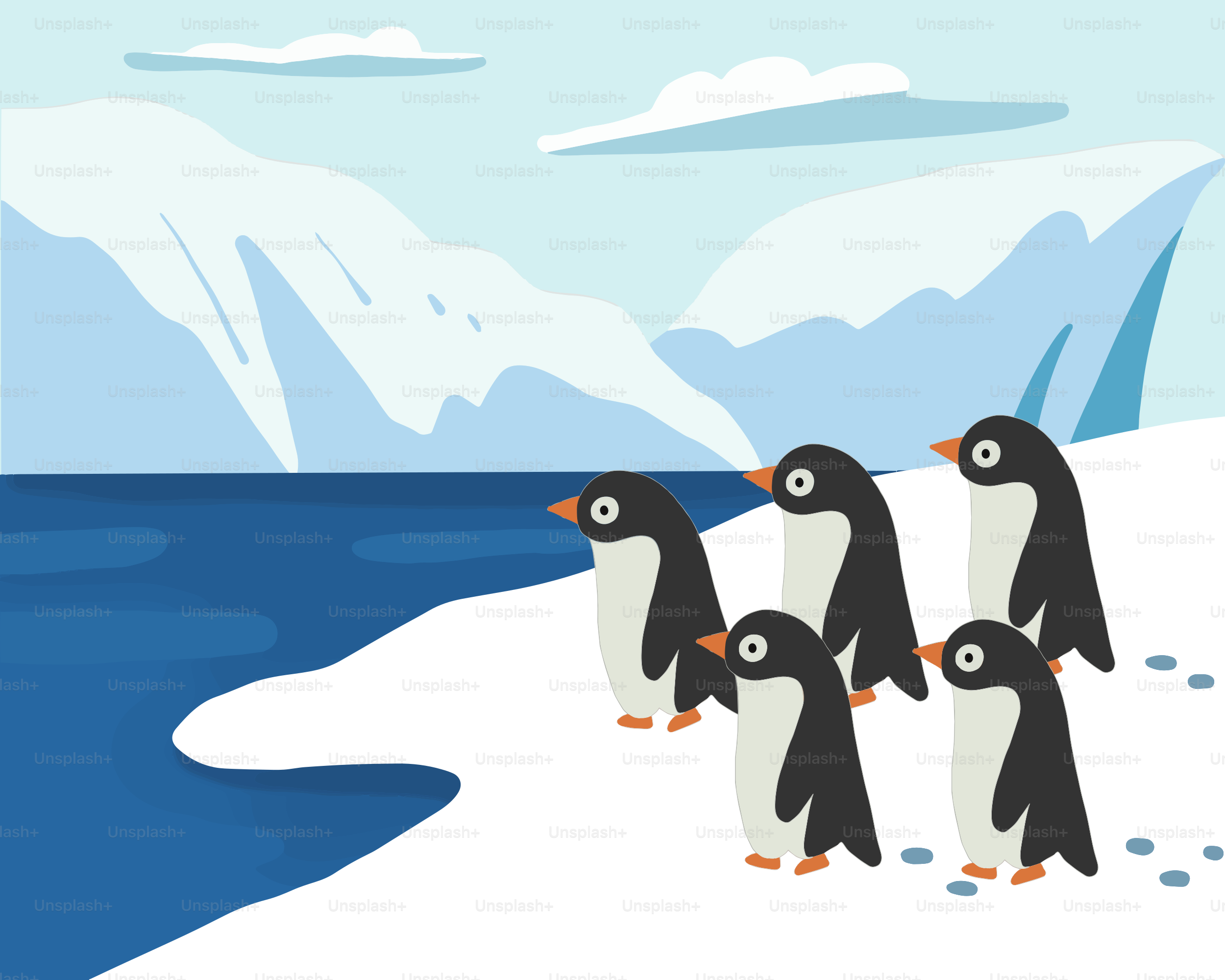 A group of penguins walking across a snow covered field