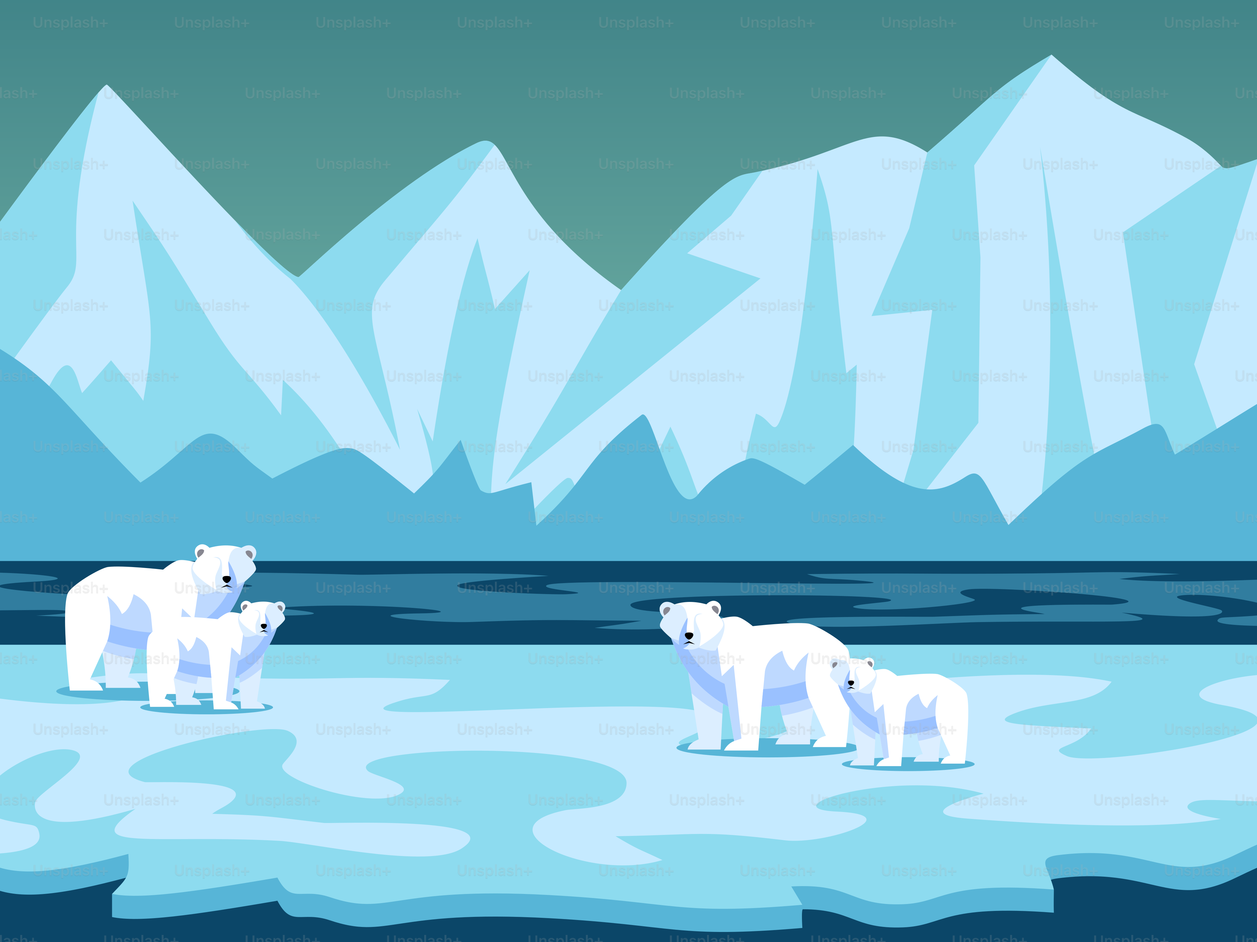 A group of polar bears standing on top of a frozen lake