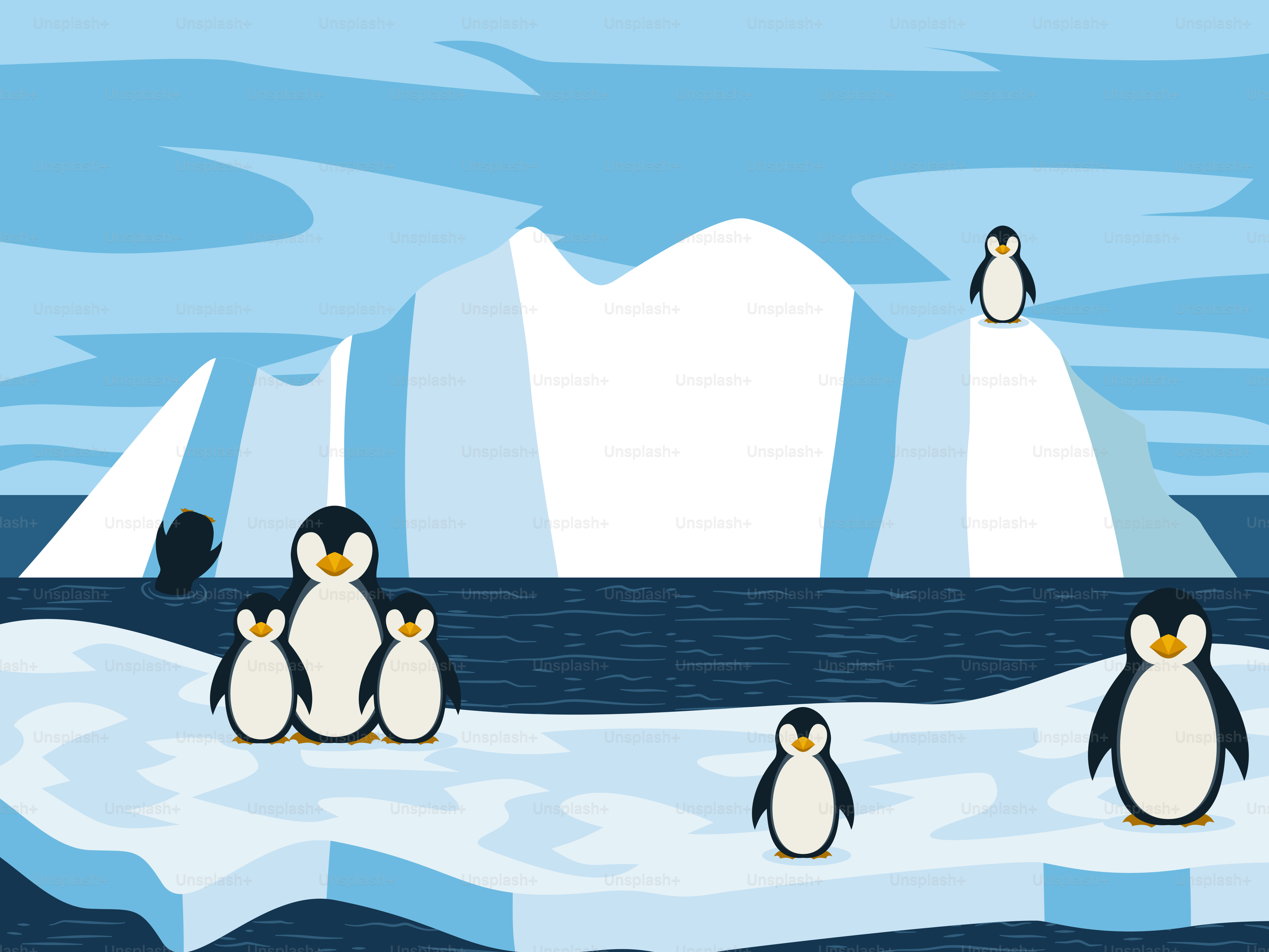 A group of penguins standing on top of an iceberg