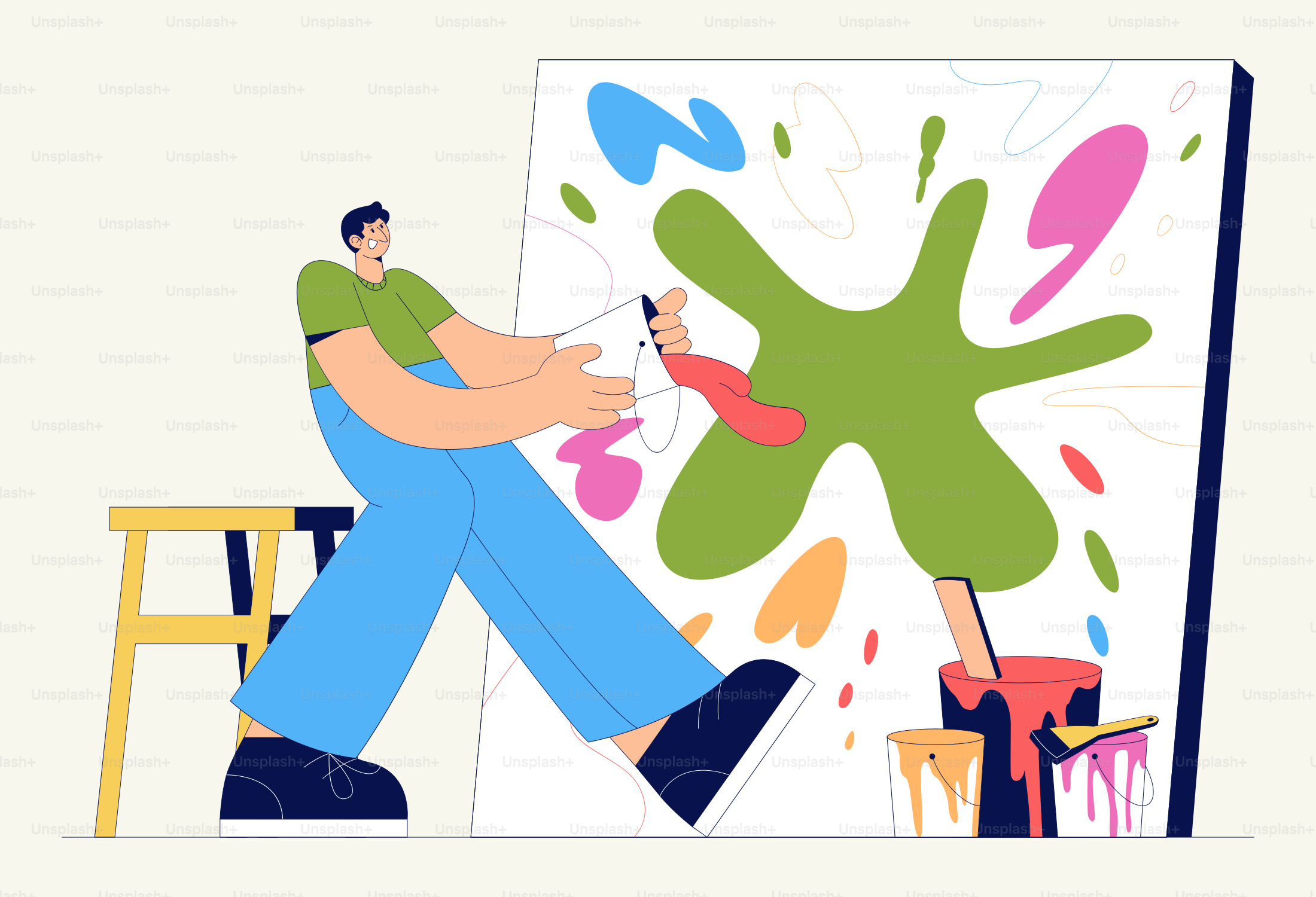 um, homem, sentando, frente, um, pintura, ligado, um, cavalete
