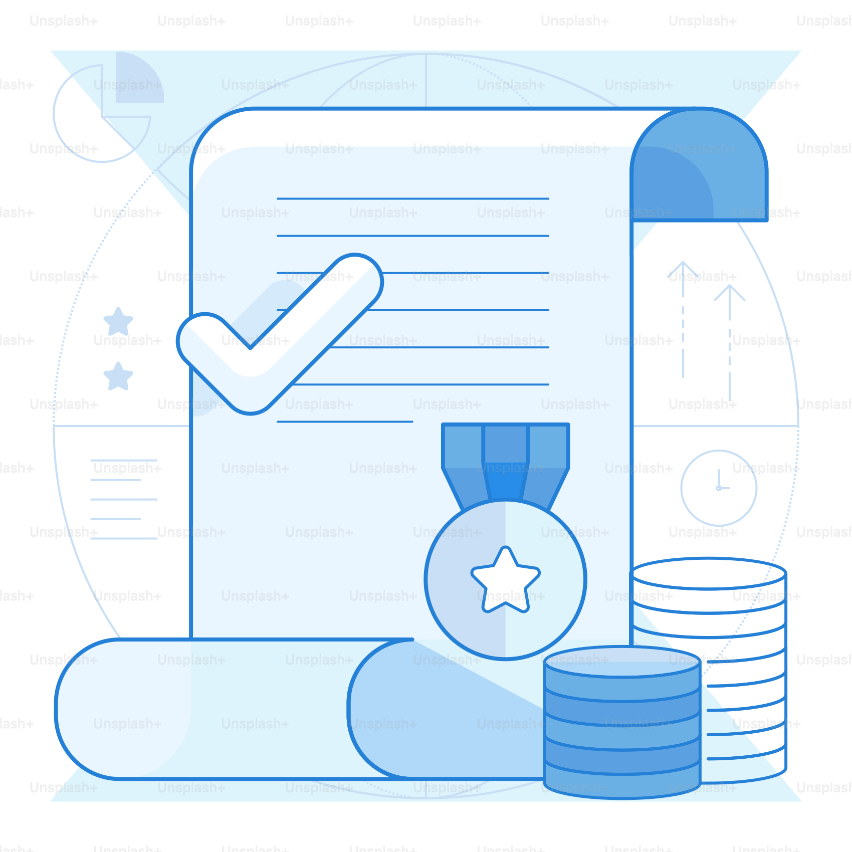 A stack of coins next to a paper with a check mark on it