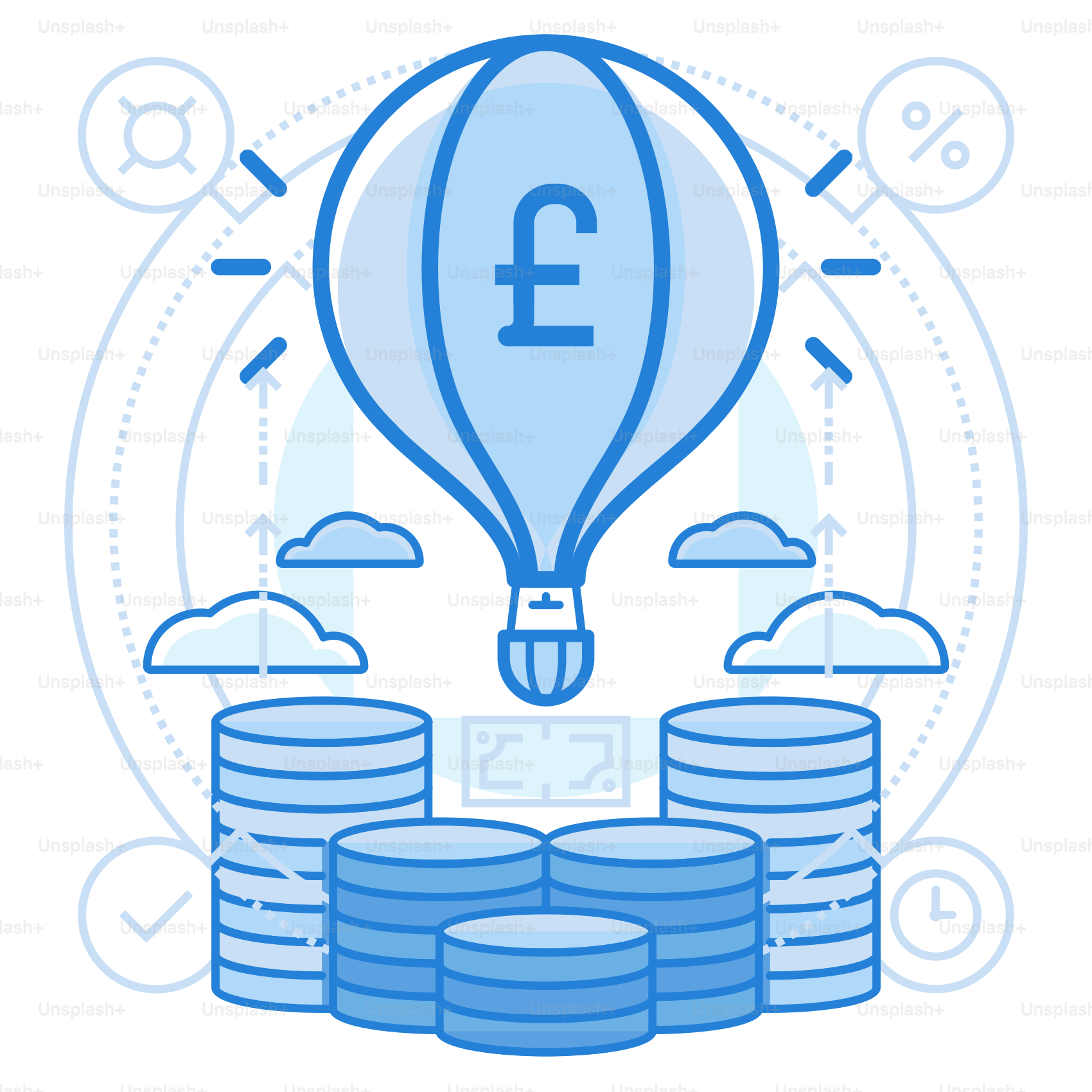 A hot air balloon flying over stacks of coins