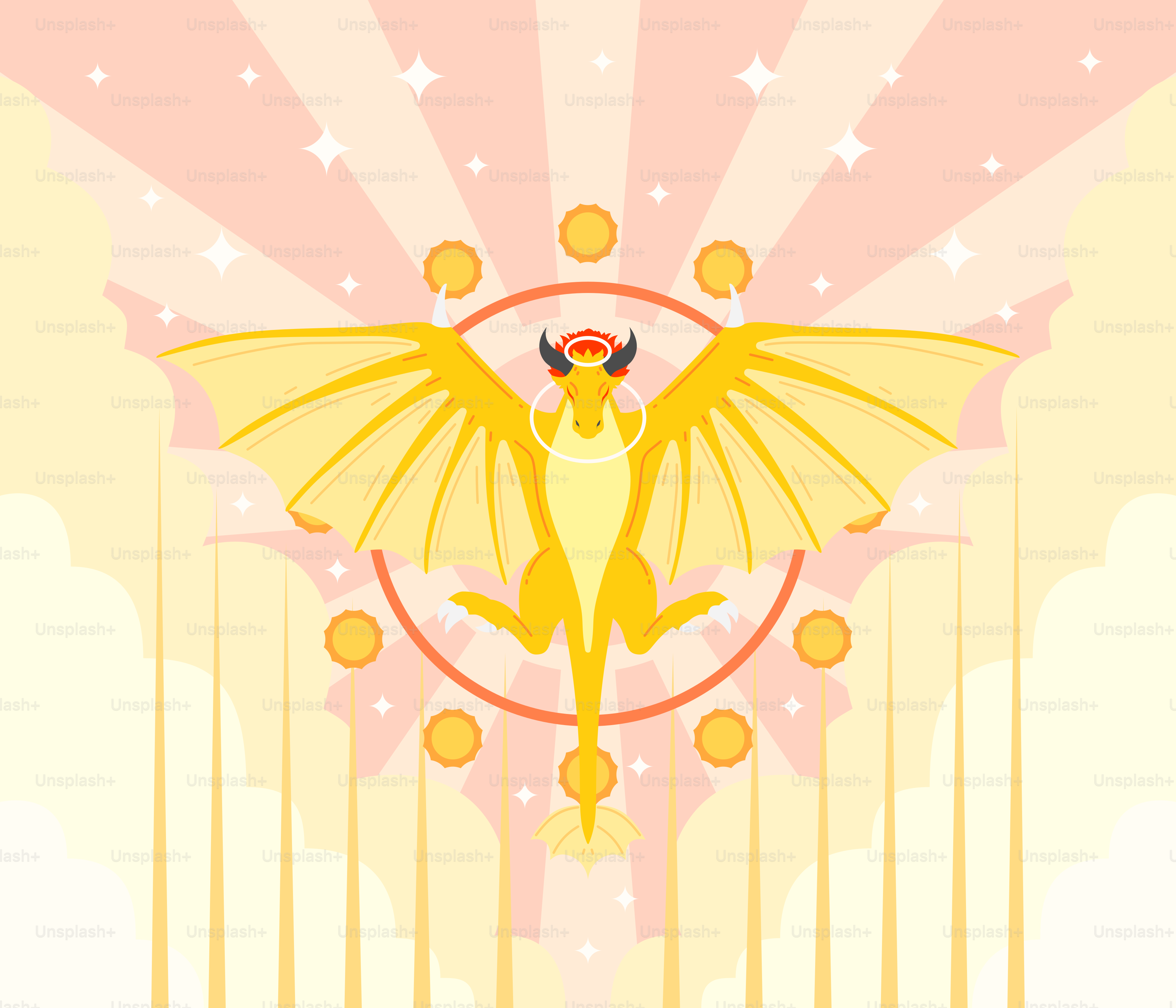 A picture of a yellow dragon on a pink background